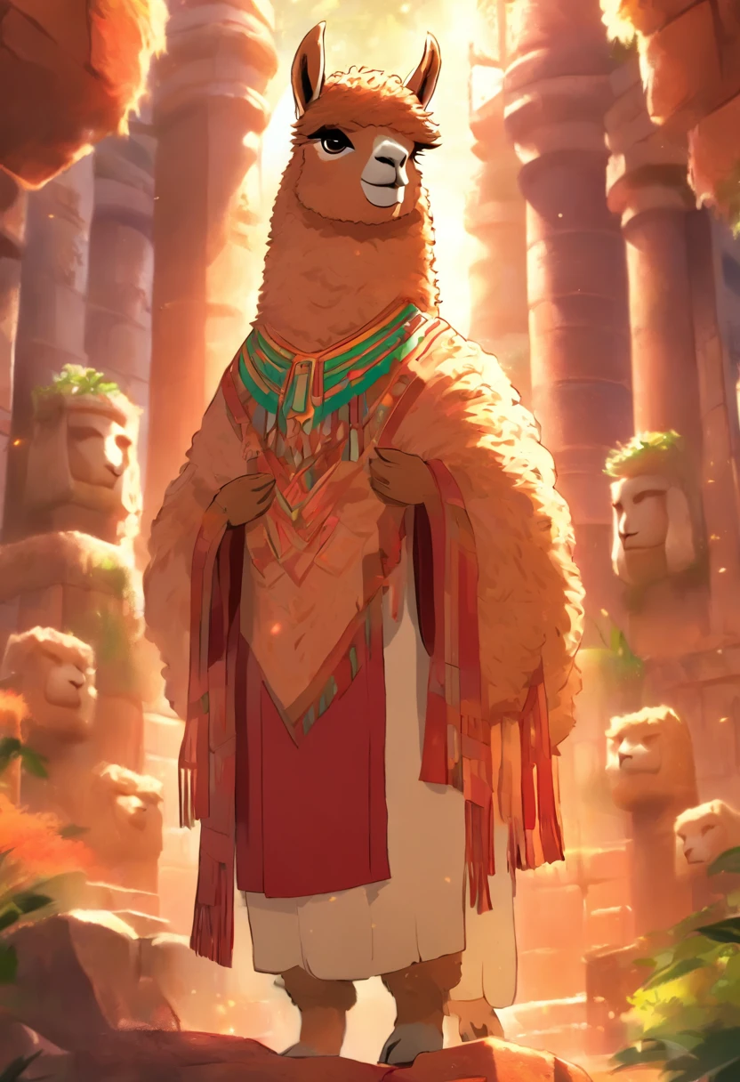 (((Man body and alpaca head))) best quality, very high resolution, 4K detailed CG, masterpiece, Inca mythology, Urcuchillay, sun in the background, Inca, standing pose, alpaca head, Inca clothing , inca temple,forest, ((alpaca head, man's body)), egyptian palace, aesthetics, beautiful image, centered on screen, standing pose