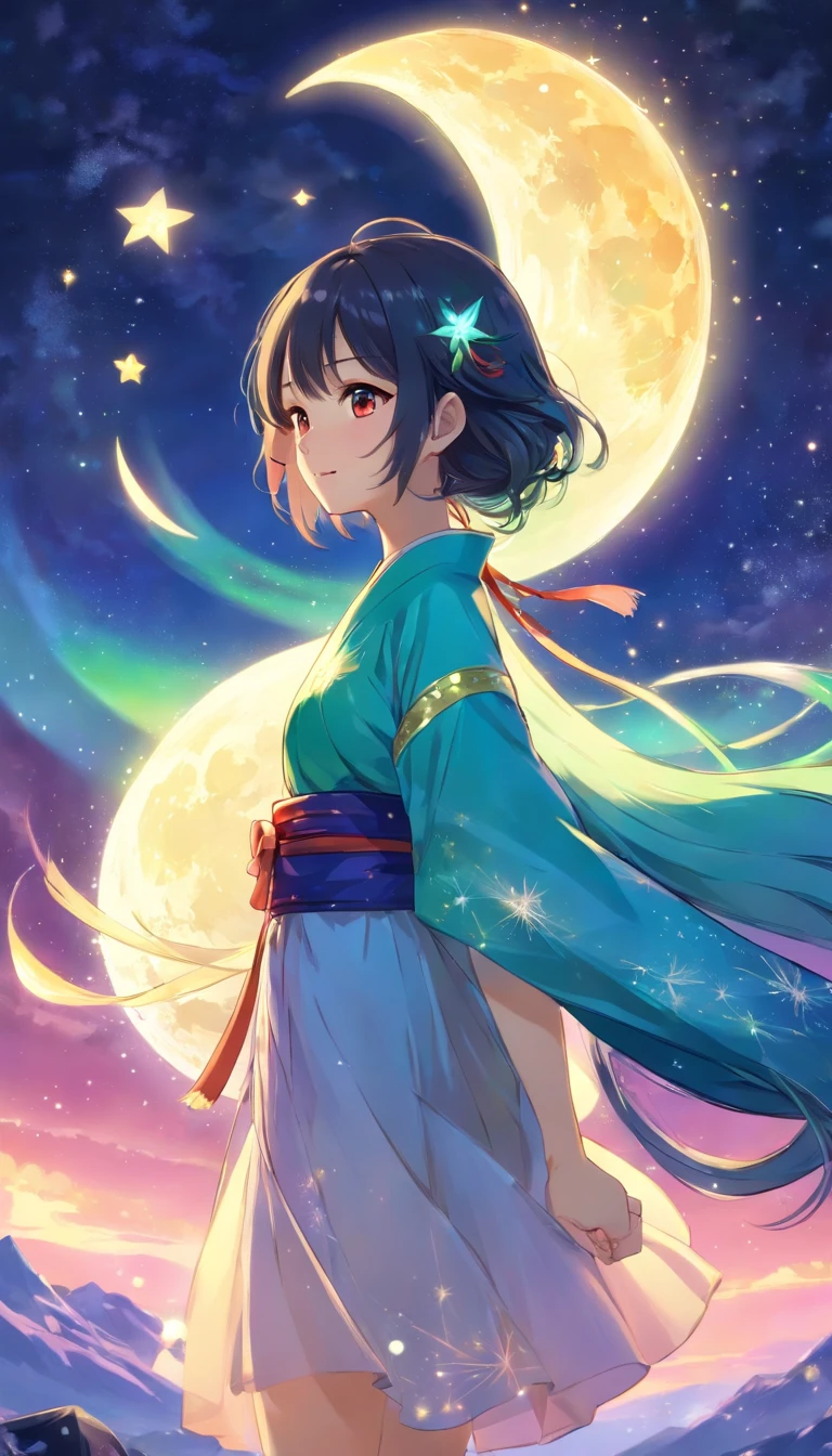 theme:Swordtail Fairy、 Drawing illustrations of Kagaya Jocho。 The theme is the moon fairy、The figure of a 27-year-old girl is、Drawing with the characteristic touch of Minoru Kagaya。 Hair and costumes、Detailed。 The background is、Beautiful cosmic starry sky、The Northern Lights are in the night sky、In the aurora borealis a swordtail fairy sits in a large crescent moon and floats。Hair is、short-cut、One-length black hair、The tips of her hair glow golden reflecting the light of the Northern Lights、The costumes are、You can see through the other side with 12 simple、Underneath that dress is、Wearing kimono。 Illustration by Minoru Kagaya is、It has the following features。 Drawn with fine lines、Delicate touch。 Beautiful expression of light and shadow。 The use of colors is vivid、Impression。 Keeping these characteristics in mind、When you draw an illustration、You can get closer to the illustration of Minoru Kagaya。 super detailed image、Neat beautiful face、Satomi Ishihara、poneyTail、No hair ornaments、In the hands、shuriken、Scatter particles of light in the background。Draw more close-ups of your face。Big eyes、Smile、Laughing、Red ribbons、The background is、I don't draw anything other than the moon and the Northern Lights.、No hair ornaments、