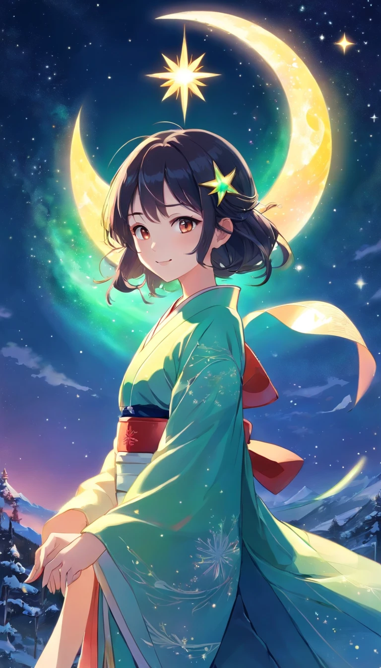 theme：Swordtail Fairy、 Drawing illustrations of Kagaya Jocho。 The theme is the moon fairy、The figure of a 27-year-old girl is、Drawing with the characteristic touch of Minoru Kagaya。 Hair and costumes、Detailed。 The background is、Beautiful cosmic starry sky、The Northern Lights are in the night sky、In the aurora borealis a swordtail fairy sits in a large crescent moon and floats。Hair is、short-cut、One-length black hair、The tips of her hair glow golden reflecting the light of the Northern Lights、The costumes are、You can see through the other side with 12 simple、Underneath that dress is、Wearing kimono。 Illustration by Minoru Kagaya is、It has the following features。 Drawn with fine lines、Delicate touch。 Beautiful expression of light and shadow。 The use of colors is vivid、Impression。 Keeping these characteristics in mind、When you draw an illustration、You can get closer to the illustration of Minoru Kagaya。 super detailed image、Neat beautiful face、Satomi Ishihara、poneyTail、No hair ornaments、In the hands、shuriken、Scatter particles of light in the background。Draw more close-ups of your face。Big eyes、Smile、Laughing、Red ribbons、The background is、I don't draw anything other than the moon and the Northern Lights.、No hair ornaments、