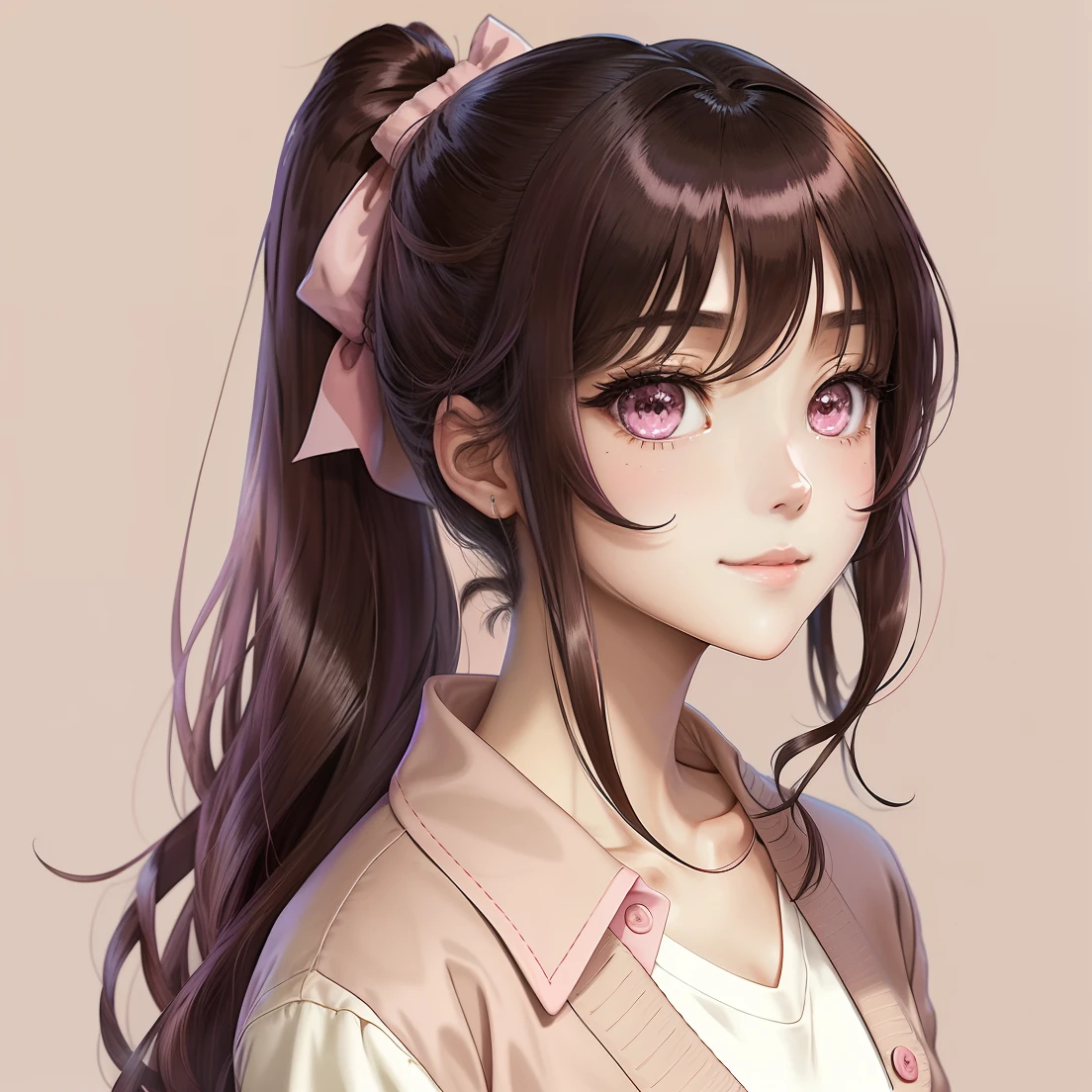 anime illustrated、top-quality、Active women、Female sexy、20yr old、rather dark brown hair、dark brown eyes、big eye、length hair、Straight hair type、side poneyTail、White Y-shirt、Beige cardigan、long-sleeve、Closed collar、Pink looks good、Anime filling、confident facial expression、Laugh、Simple pink background、Facing the front、tilt your head