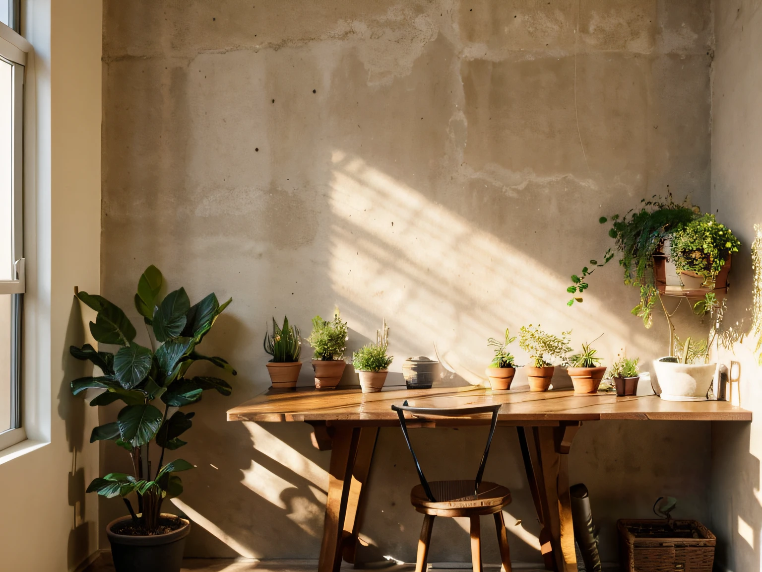 Wooden table with a potted plant in front of the wall is accompanied by natural light from the sunshine background.