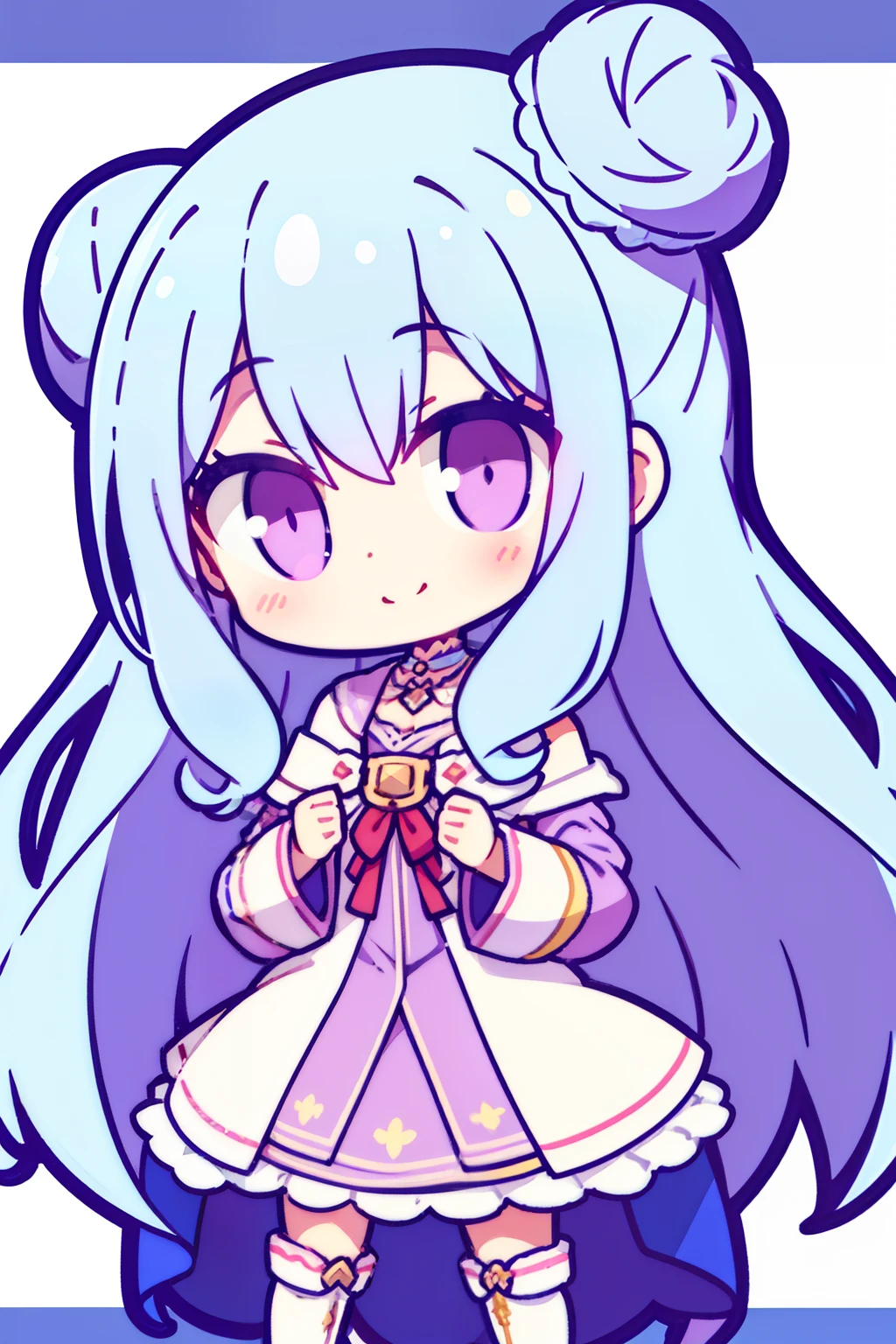 1girll, young girl, Solo, Blush, (Light blue hair), ((Curly hair)), (Very long hair), double bun hair, Purple eyes, ((a flat chest)), ((No chest)), Short white cloak, Purple skirt, Smile with your hands folded, ((Detal Face)), 8K, Super detail, Masterpiece, High quality, high resolution, High detail, com rosto detalhado, HD quality, Lower School Students