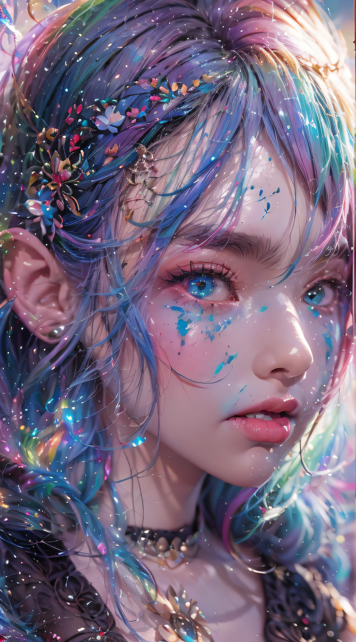 ( Absurd, High quality, Ultra-detailed, Masterpiece, concept-art, smooth, high detail artwork, Hyper-realistic painting , high resolution, paint splatter, colored splashing, Splash of Ink, colored splashing), (( Rainbow hair)),elf, Plum elf, plum , Transparent fairy wings, wearing only his underwear，huge tit，low chest，fairytale-like, Romantic, Vivid, Whole body,hand behind back，Malu，largeeyes，（Eye focus），Cosmic eyes，Space eyes，In nature with waterfalls，pureerosface_v1，ulzzang-6500-v1.1，