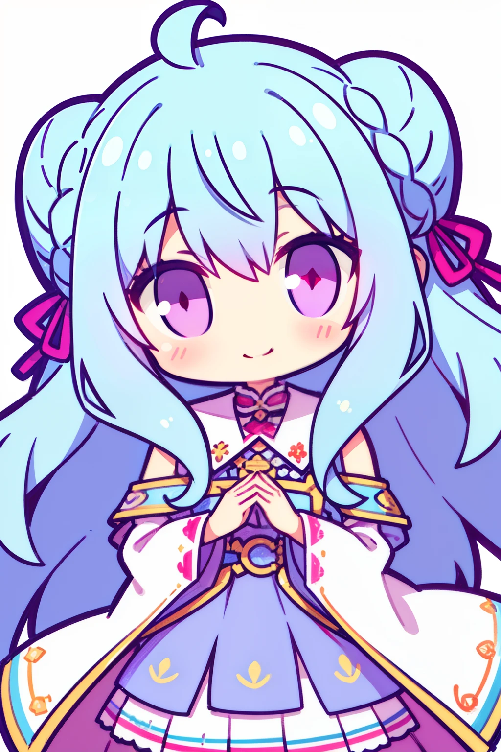 1girll, young girl, Solo, Blush, (Light blue hair), ((Curly hair)), (Very long hair), double bun hair, Purple eyes, ((a flat chest)), ((No chest)), Short white cloak, Purple skirt, Smile with your hands folded, ((Detal Face)), 8K, Super detail, Masterpiece, High quality, high resolution, High detail, com rosto detalhado, HD quality, Lower Students