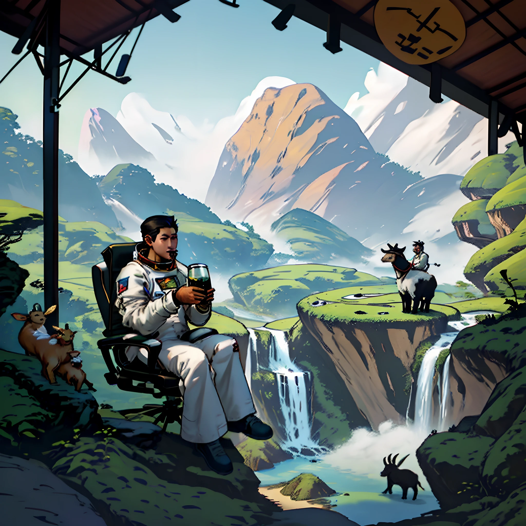Draw a picture of an Indonesian astronaut sitting relaxed in front of a beautiful view of Indonesia, with a friendly alien drinking coffee together. Around them, add several goats that are being raised with typical Indonesian natural scenery. Make sure there is an Indonesian flag flying in the background, creating a strong national feel.