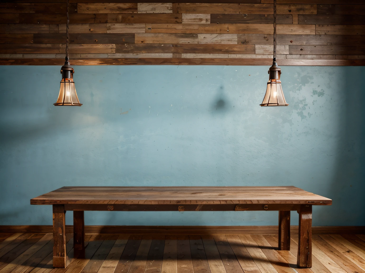 Empty thick rustic wood table and light blue wall background. para montaje de exposicion de productos, uhd, 8k