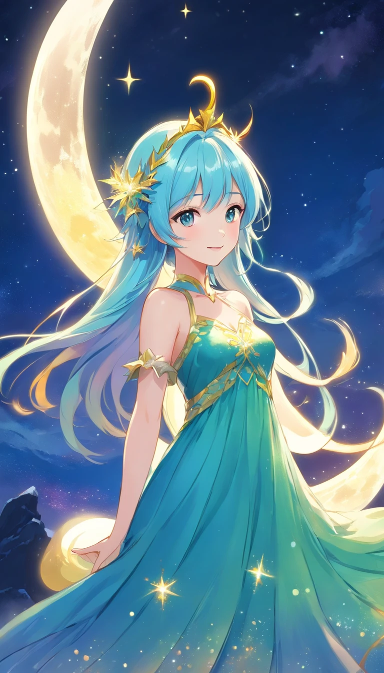 theme:Moon Fairy、 Drawing illustrations of Kagaya Jocho。 The theme is the moon fairy、Mixed race of Russians and Japan、The figure of a 35-year-old girl、Drawing with the characteristic touch of Minoru Kagaya。 Hair and costumes、Detailed。 The background is、Beautiful cosmic starry sky、The Northern Lights are in the night sky、In the aurora borealis a moon fairy sits in a large crescent and floats。Hair is、short-cut、One-length light blue hair、The tips of her hair glow golden reflecting the light of the Northern Lights、The costumes are、Draw a long dress that is translucent and can see through the other side around the body.、Underneath that dress is、Wearing a blue dress。 Illustration by Minoru Kagaya is、It has the following features。 Drawn with fine lines、Delicate touch。 Beautiful expression of light and shadow。 The use of colors is vivid、Impression。 Keeping these characteristics in mind、When you draw an illustration、You can get closer to the illustration of Minoru Kagaya。 super detailed image、Neat beautiful face、Hina Hayata、A shiny golden tiara hair ornament on the head、In the hands、Spear of Poseidon、Scatter particles of light in the background。Draw more close-ups of your face。Big eyes、Smile