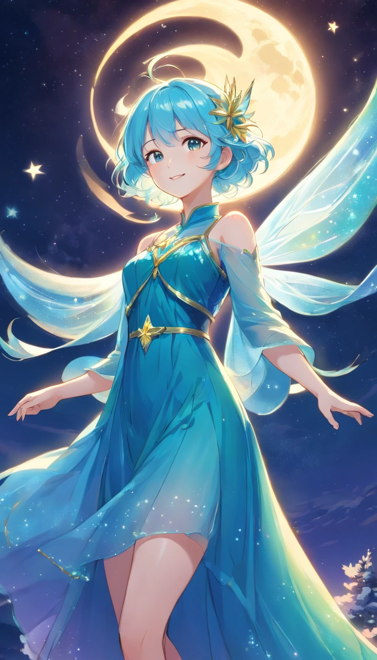 theme:Moon Fairy、 Drawing illustrations of Kagaya Jocho。 The theme is the moon fairy、Mixed race of Russians and Japan、The figure of a 35-year-old girl、Drawing with the characteristic touch of Minoru Kagaya。 Hair and costumes、Detailed。 The background is、Beautiful cosmic starry sky、The Northern Lights are in the night sky、In the aurora borealis a moon fairy sits in a large crescent and floats。Hair is、short-cut、One-length light blue hair、The tips of her hair glow golden reflecting the light of the Northern Lights、The costumes are、Draw a long dress that is translucent and can see through the other side around the body.、Underneath that dress is、Wearing a blue dress。 Illustration by Minoru Kagaya is、It has the following features。 Drawn with fine lines、Delicate touch。 Beautiful expression of light and shadow。 The use of colors is vivid、Impression。 Keeping these characteristics in mind、When you draw an illustration、You can get closer to the illustration of Minoru Kagaya。 super detailed image、Neat beautiful face、Hina Hayata、A shiny golden tiara hair ornament on the head、In the hands、Spear of Poseidon、Scatter particles of light in the background。Draw more close-ups of your face。Big eyes、Smile