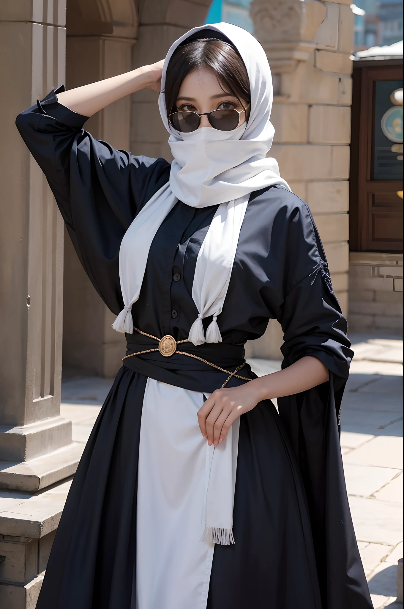 Hiyab, Chica arafed con una bufanda y gafas de sol de pie frente a un perchero, chica muy hermosa, con cara precisa, Khyzyl Saleem, she is about 1 6 years old, Faridah Malik, con cara amable, Riyahd Cassiem, Imagen de muy muy muy baja calidad, Lindo hermoso, Joven mujer del Himalaya, Cara hermosa, Imagen detallada, cuerpo completo, morena, niqab