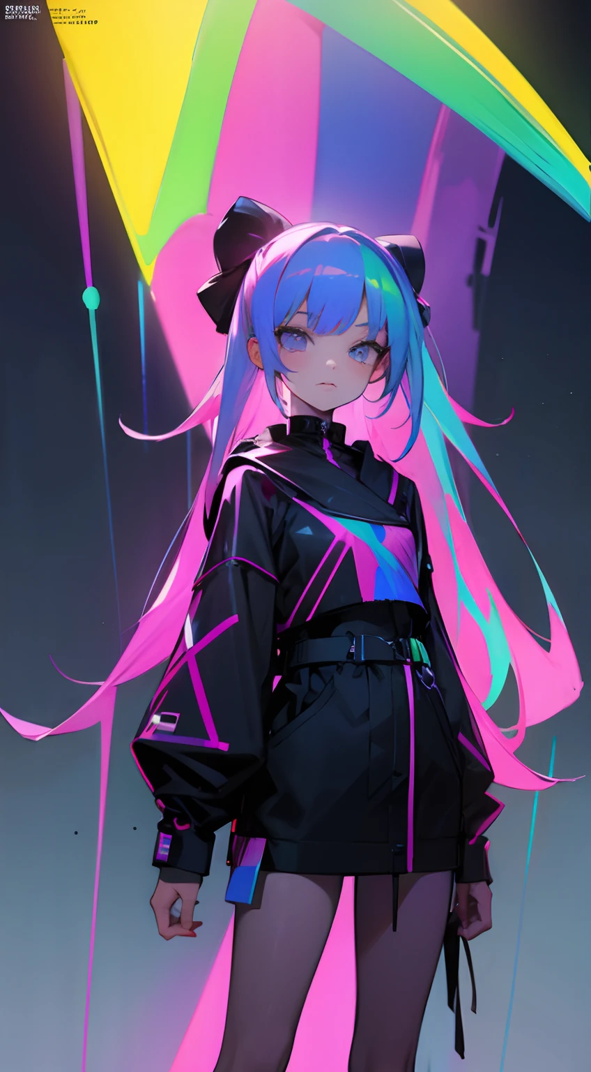 Anime girl, dark neon rainbow outfit, fashion design, fashion magazine