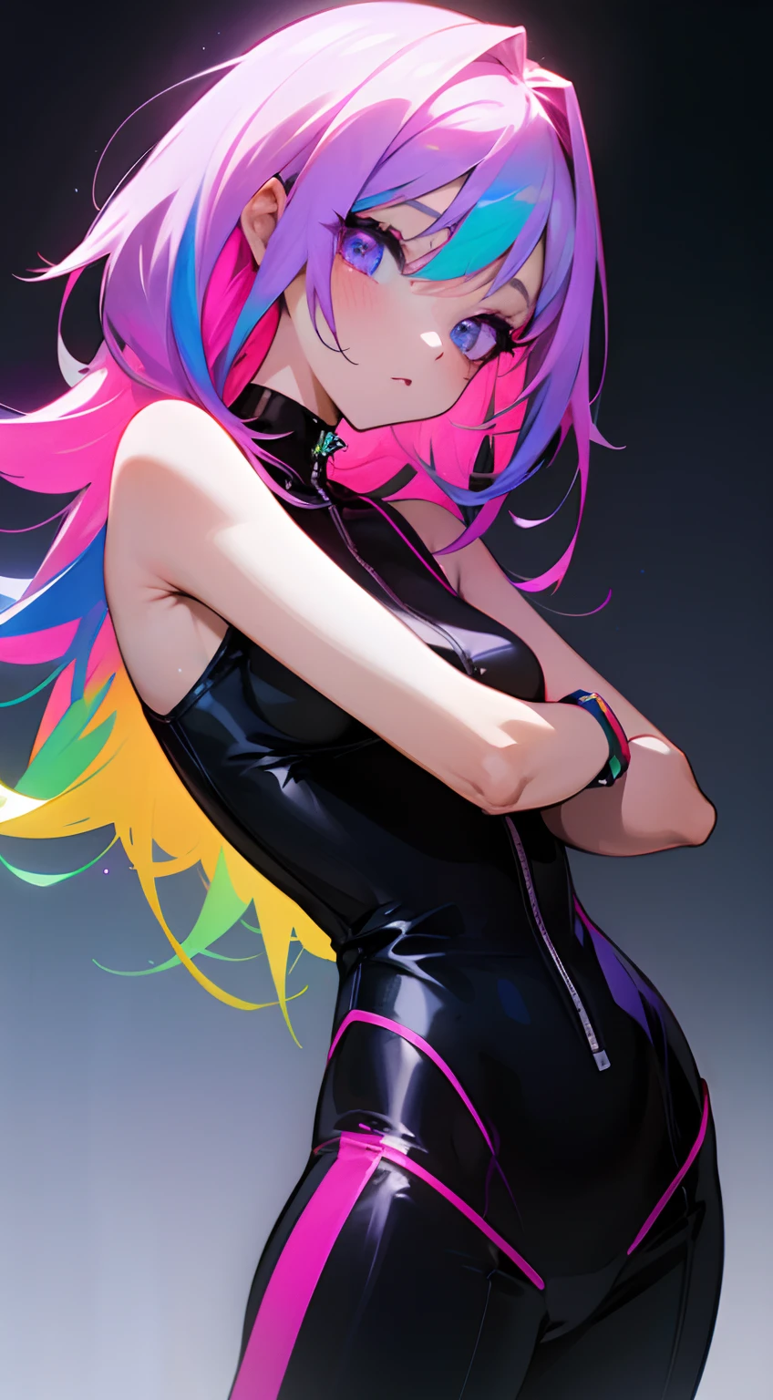 Anime girl, dark neon rainbow outfit, fashion design, fashion magazine