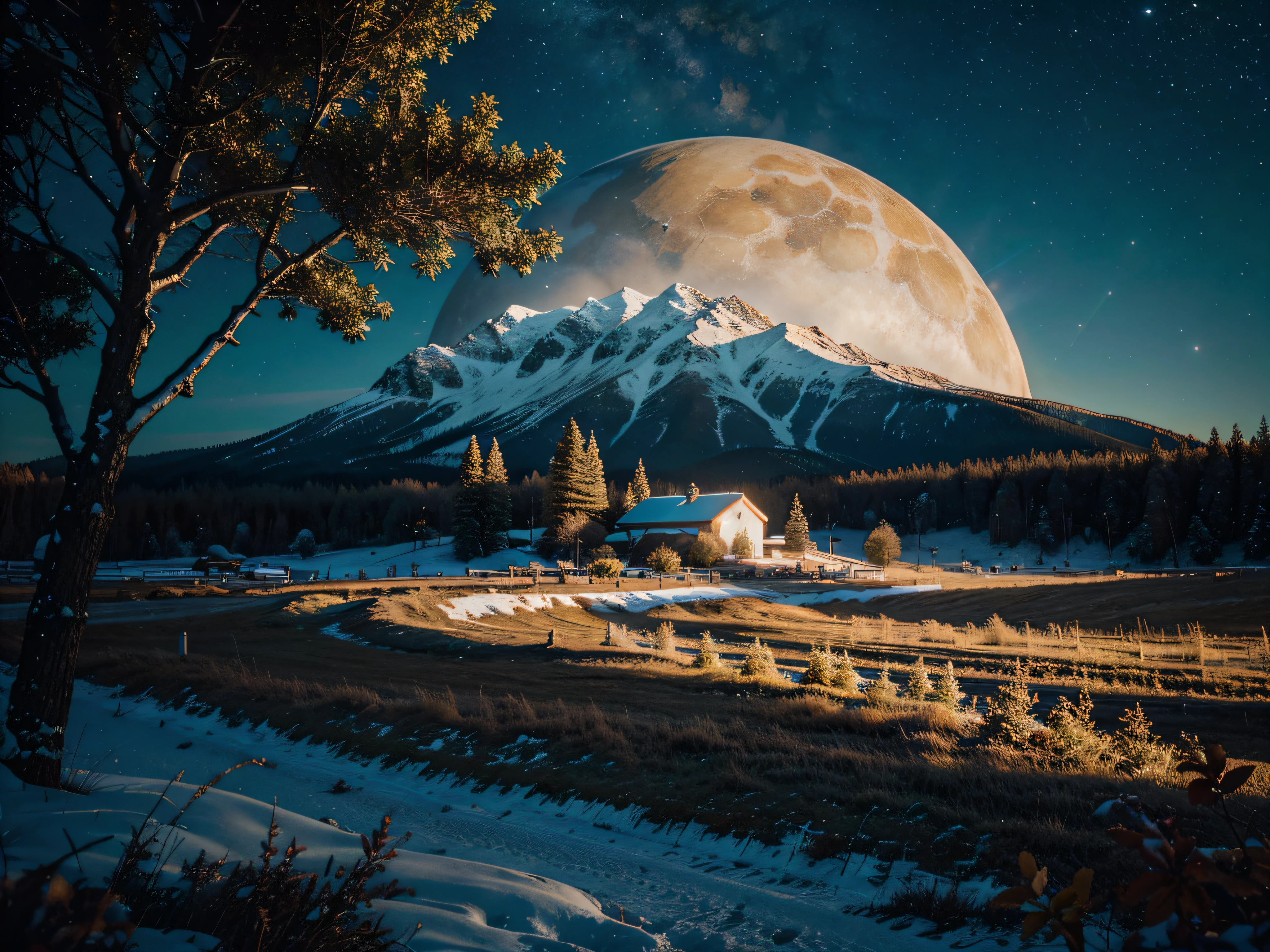 Christmas landscape, con espacio para texto, buena iluminacion y colores vivos, alta calidad, uhd, 8k