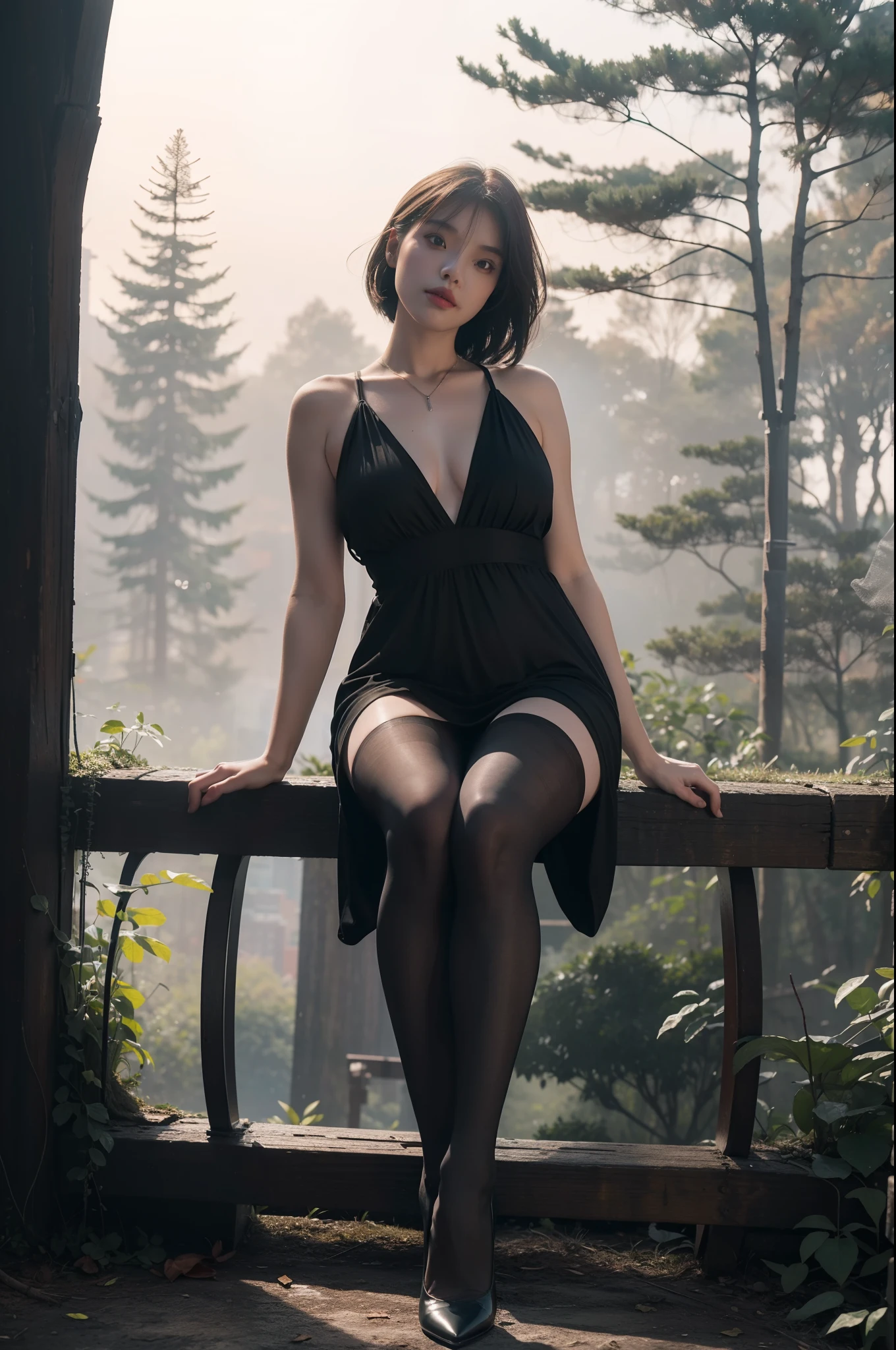 (full bodyesbian:1.5),(1girll:1.3),(view the viewer:1.4),(anatomy correct:1.3),(Sitting in the forest:1.2),(Wearing a Hulk-style dress:1.2),(Opaque pantyhose:1.3),( Girls pointed-toe thick heels :1.1),(Accurate and perfect face:1.3),(Long legs:1.3),hyper HD, Ray traching, reflective light, structurally correct, Award-Awarded, High detail, Fade-in and fade-out shadow contrast, Face lighting ,Cinematic lighting, Masterpiece, super detailing, High quality, High detail, Best quality, 16k,High contrast,