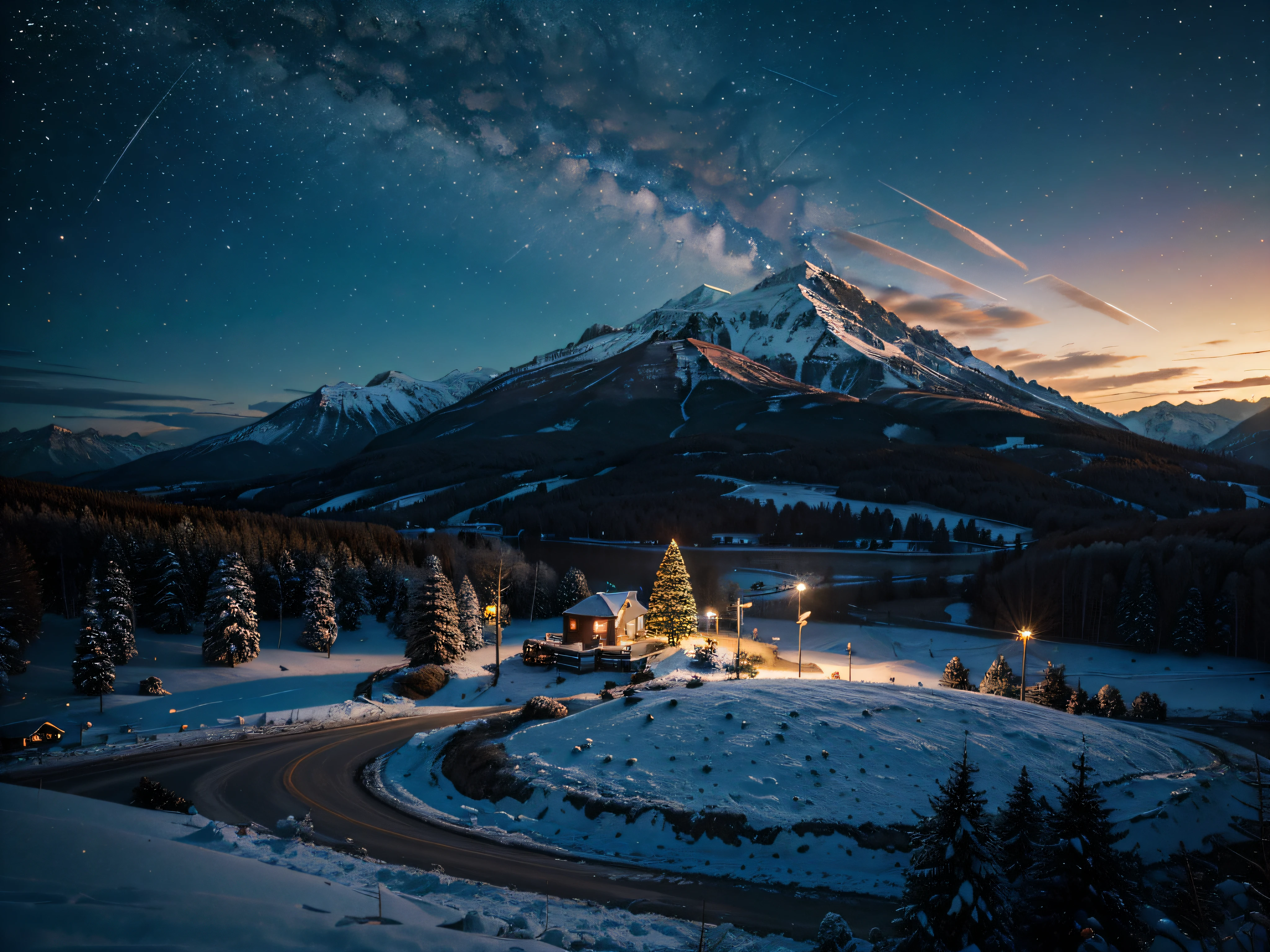 Christmas landscape, con espacio para texto, buena iluminacion y colores vivos, alta calidad, uhd, 8k