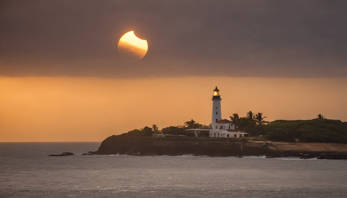 Foto de um impressionante eclipse solar em Salvador, with the Barra Lighthouse clearly visible in the foreground. The sun is almost entirely covered, And the lighthouse looks like a guardian against the darkened sky.