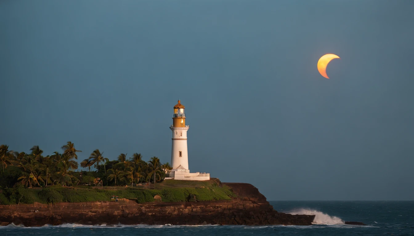 Foto de um impressionante eclipse solar em Salvador, with the Barra Lighthouse clearly visible in the foreground. The sun is almost entirely covered, And the lighthouse looks like a guardian against the darkened sky.