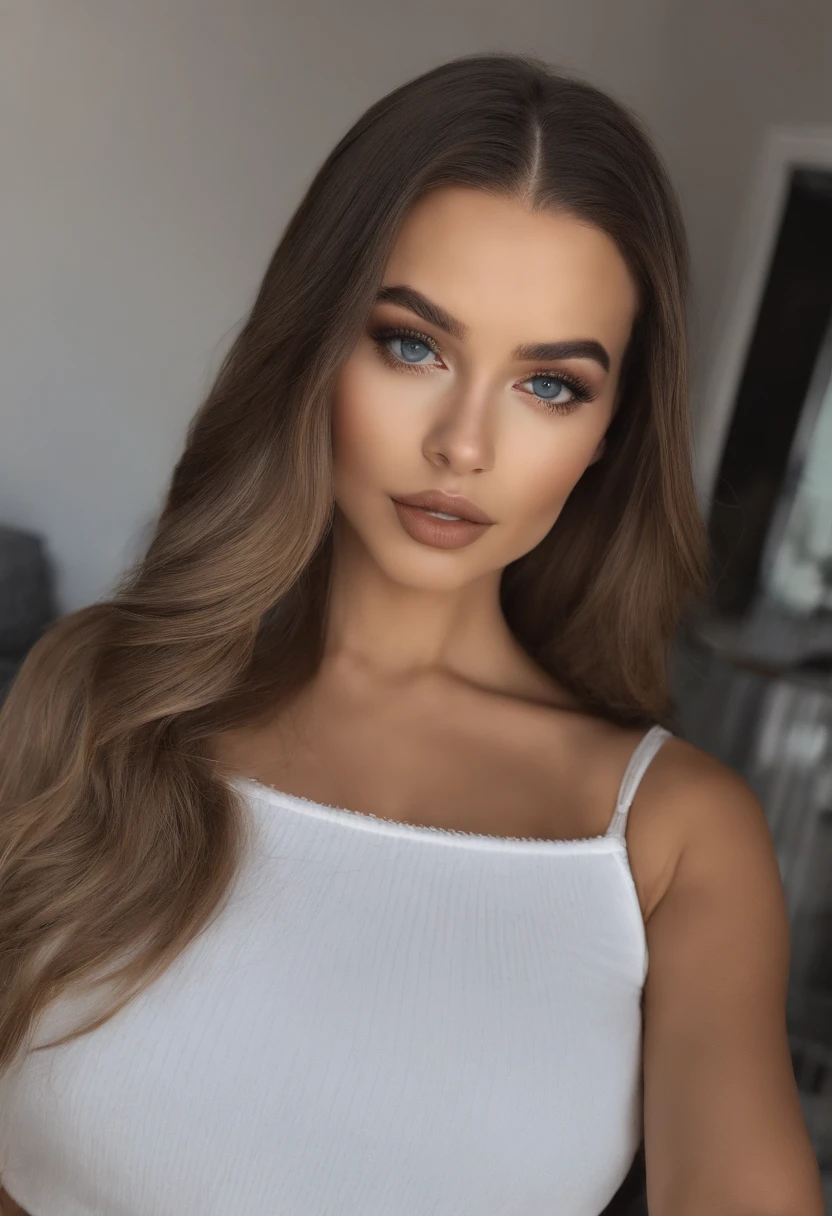 Mulher de calcinha de renda e colete branco,Figura grande e perfeita, com olhos azuis, Retrato Sophie Mudd, Retrato de Corinna Kopf, cabelos loiros e olhos grandes, selfie de uma jovem mulher, Olhos no quarto, Violeta Myers, Maquiagem desgastada, maquiagem natural, look straight at the camera, Rosto com ArtGram, dezentes Maquiagem, Fotografias deslumbrantes de corpo inteiro, em um quarto, Fission