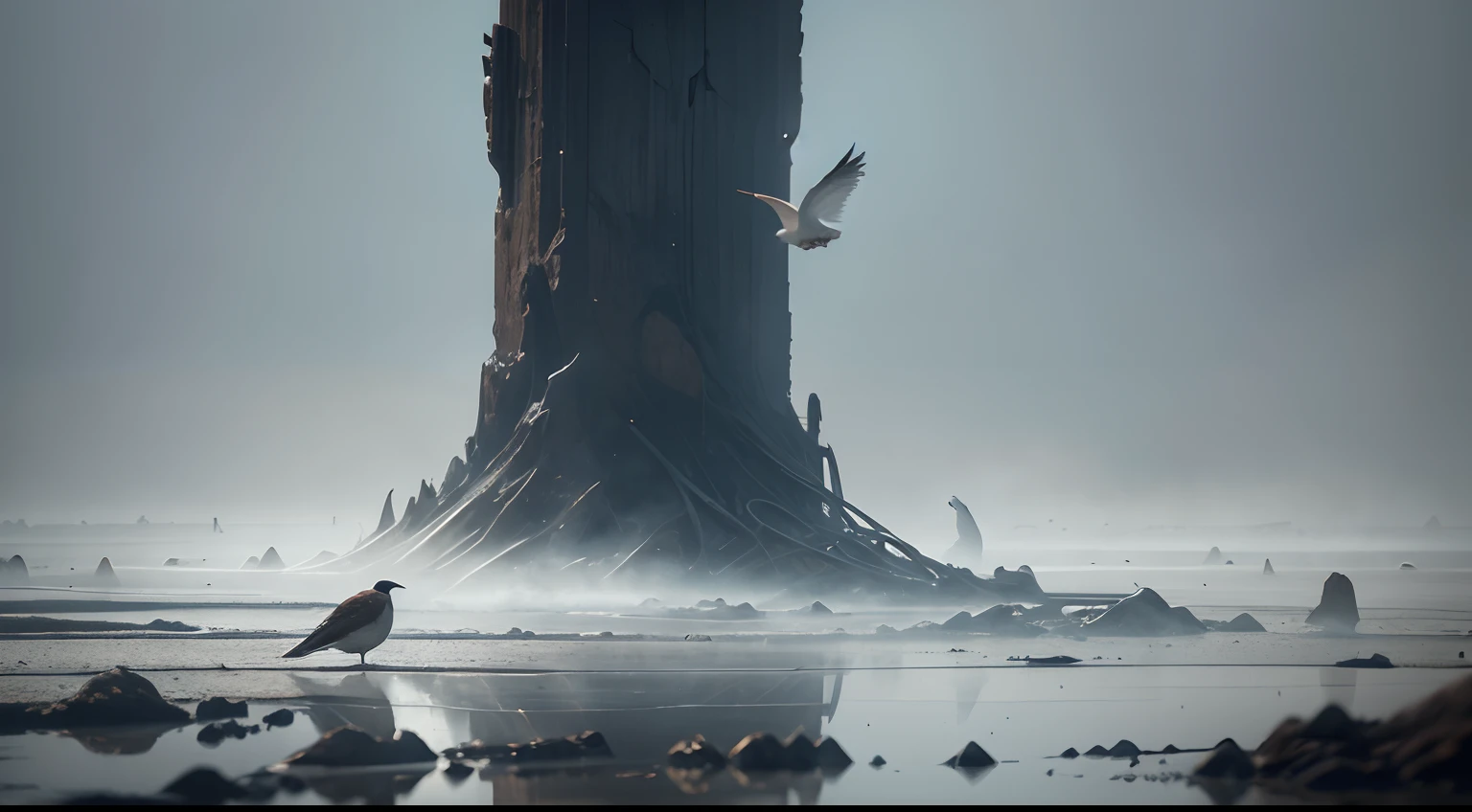 Birds used to call here, We are left with warmth from them, And now only the mist falls on the molten glass