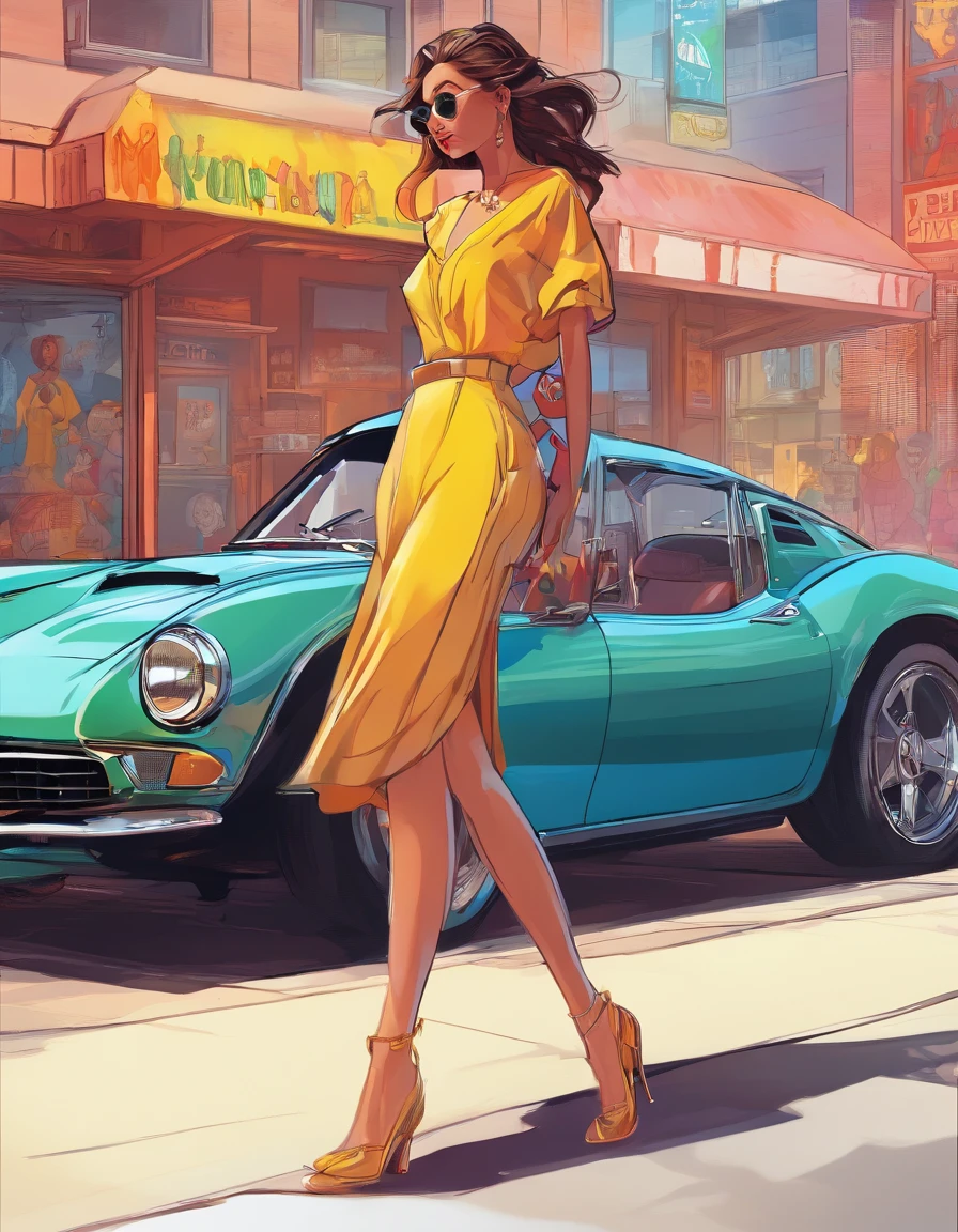 (best quality,4k,8k,highres,masterpiece:1.2), ultra-detailed, (realistic,photorealistic, photo-realistic:1.37), colorful, vibrant colors, beautiful girl, modern car, stylish scenery, high fashion, urban, summer, sunglasses, long, flowing hair, elegant dress, confident pose, sunset, city lights, neon signs, glossy finish, polished surface, shiny car paint, reflection, dynamic movement, striking contrast, atmospheric lighting, soft shadows, subtle texture