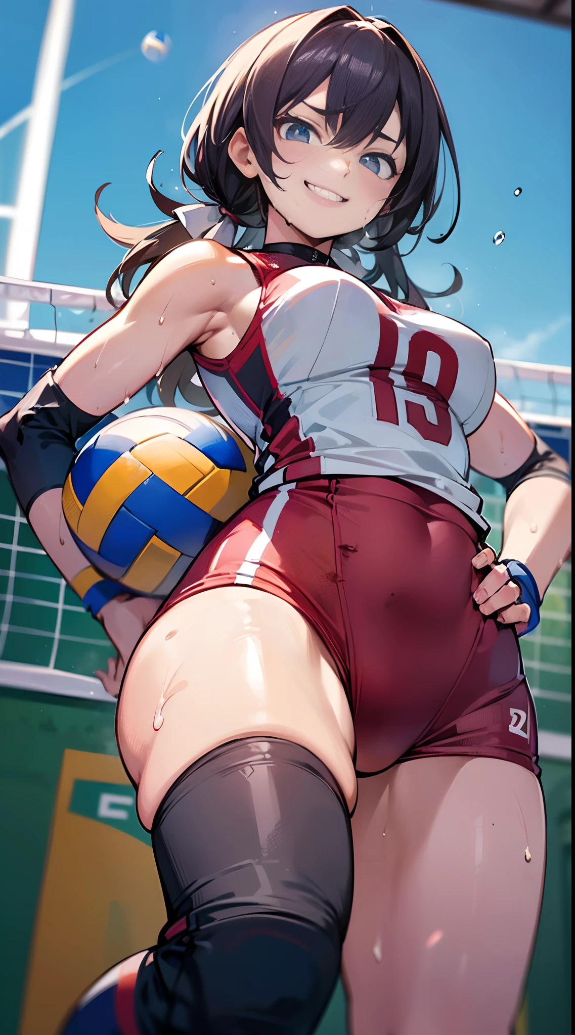 (((masterpiece))), (((Best Quality))), (((Ultra Detail Art))), (((hight resolution))), ((superfine illustration)), ((Ultimate cutie)), Detailed beautiful face, Shiny hair, (gyaru), medium breasts, ((potbelly)), (((Solo))), (((female volleyball player))), ((Evil smile)), ((Smirk)), (blush), 
 BREAK, (((Holds dirty spherical 6-inch volleyballs))), hand on hip, 
BREAK, (((Buruma))), (Volleyball Uniforms), Sleeveless Volleyball Uniforms, (Kneepads), (elbow pad), (Bare hands), ((Sweat)), ((Covered in sweat)), (Breathless), on valleyball court, in gymnasium, Lighting, from below, Look at viewers