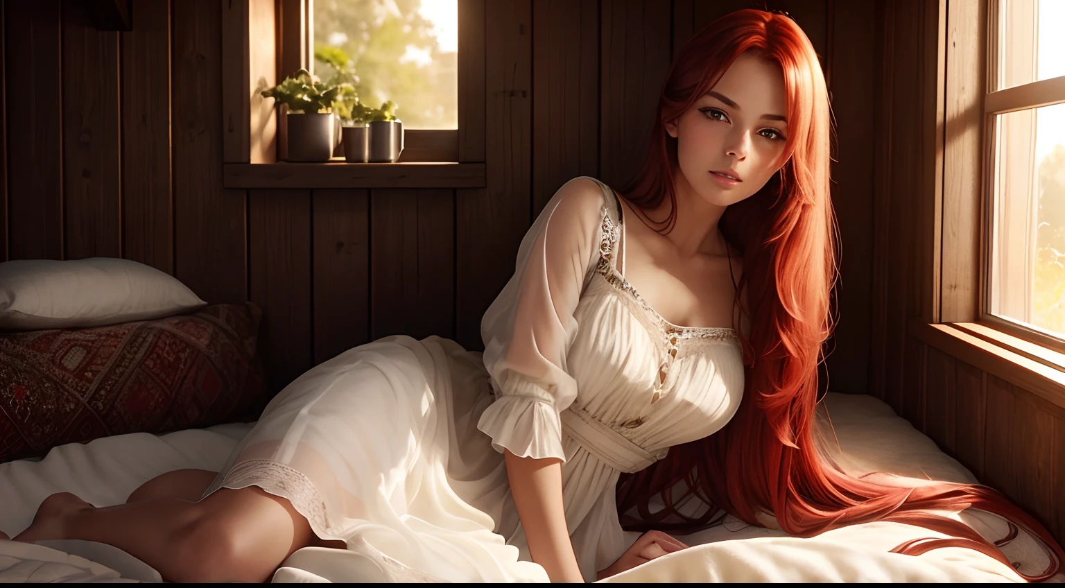 Young woman from Scandinavia, cute face, seductive, Best Quality, Masterpiece, translucent summer dress, golden hour, detailed textures, hairlong, Combed, sitting on bedroll, Posing, Random Pose, Wooden cottage, interior, [blusher], aesthetic, Intricate, caustics, light beams, Sunlight, (((soft lips))), (((glossy lips))), Highly detailed, (semi-realistic:1.2), Niludef, red hair