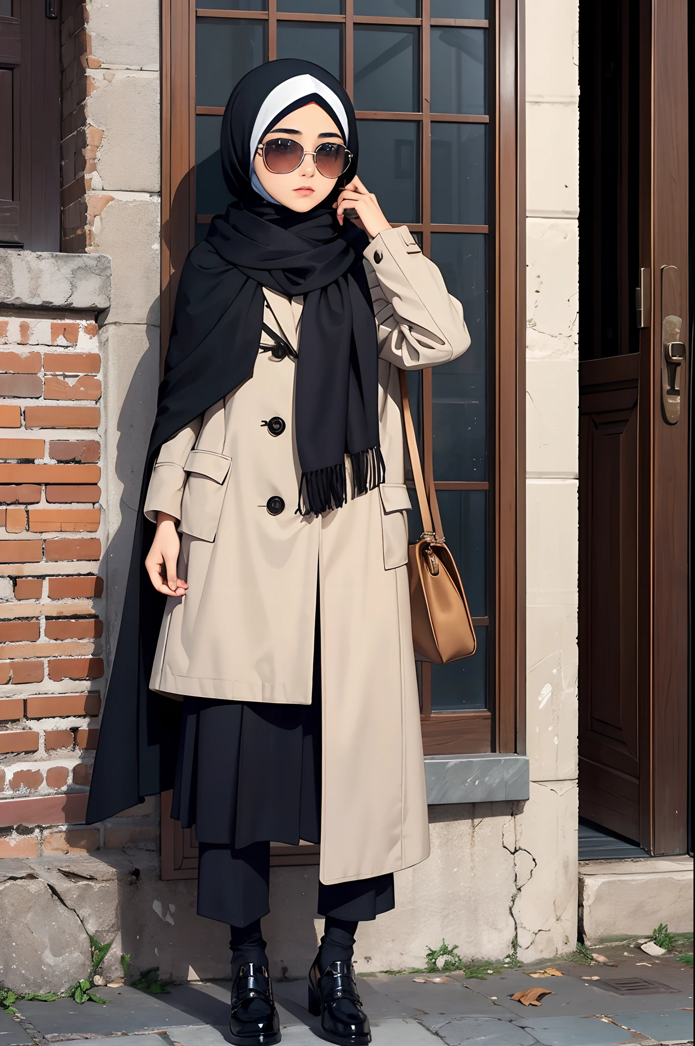 Arafed girl with hijab i a scarf and sunglasses standing in front of a coat rack, very beautiful girl, with precise face, Khyzyl Saleem, she is about 1 6 , Faridah Malik, with kind face, Riyahd Cassiem, Image of very very very low quality, Cute beautiful, Young Himalayan woman, Beautiful face, Detailed image, full body, brunette, Niqab