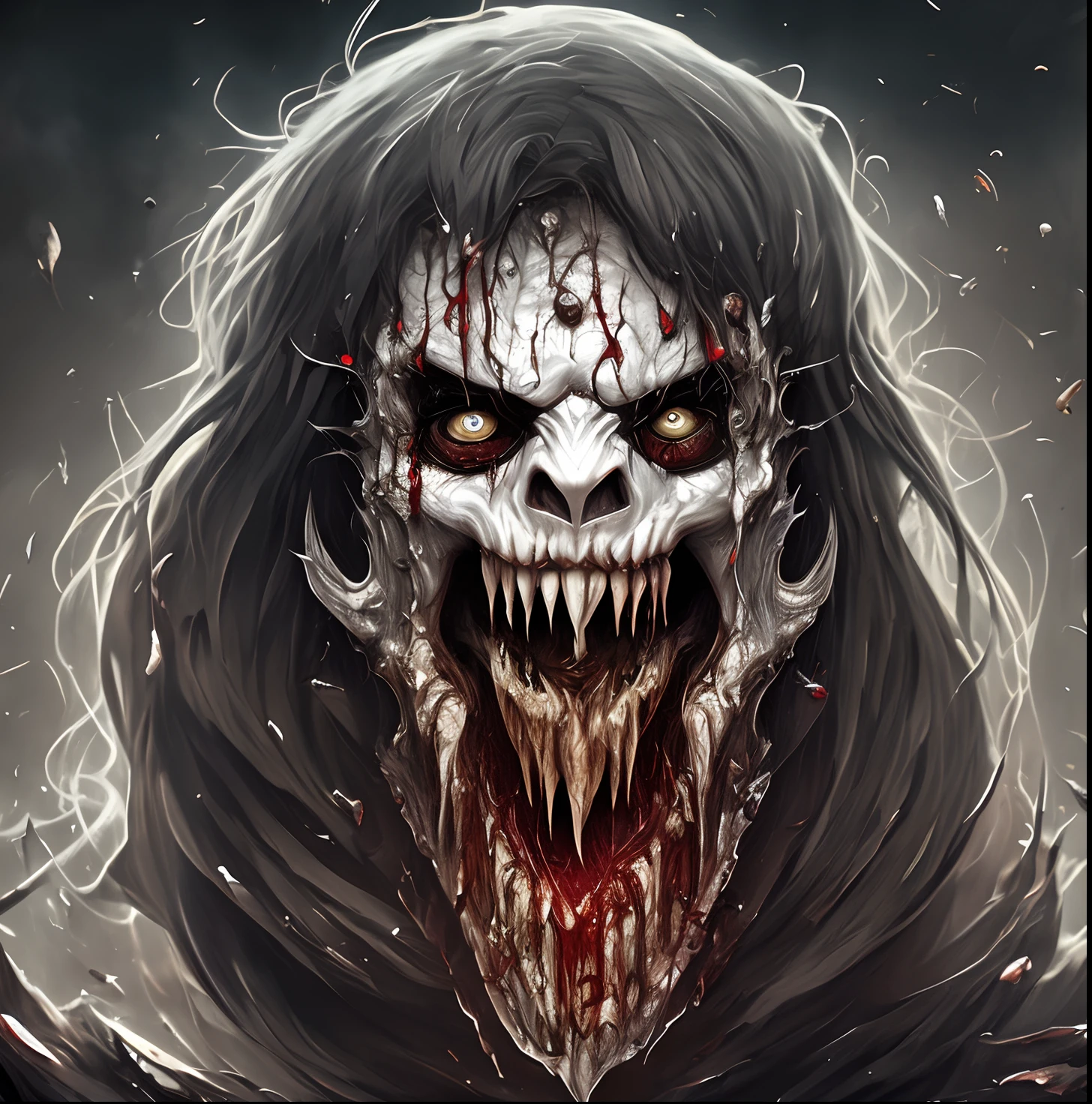 Grey skinned ghoul, long dark messy grey hair, sick, blood from mouth, torn face, sharp jagged teeth, thin bat nose, long pointed ears, angry, scales on nose bridge, flesh and bone, horror art, sunken face