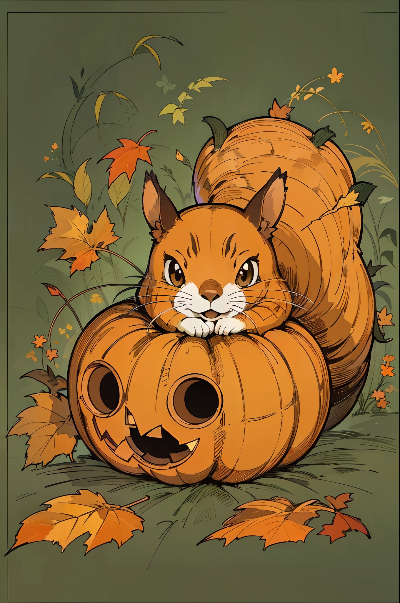 (Autumn Color World) A squirrel peeks out from the eyes of a jack-o'-lantern. A jack-o'-lantern that was forgotten to be put away after a day of Halloween.(Flat Color Artwork)(Stylish design )(of the highest quality)(It features a simple)(Superflat)(Contemporary art)(Flat and many margins)