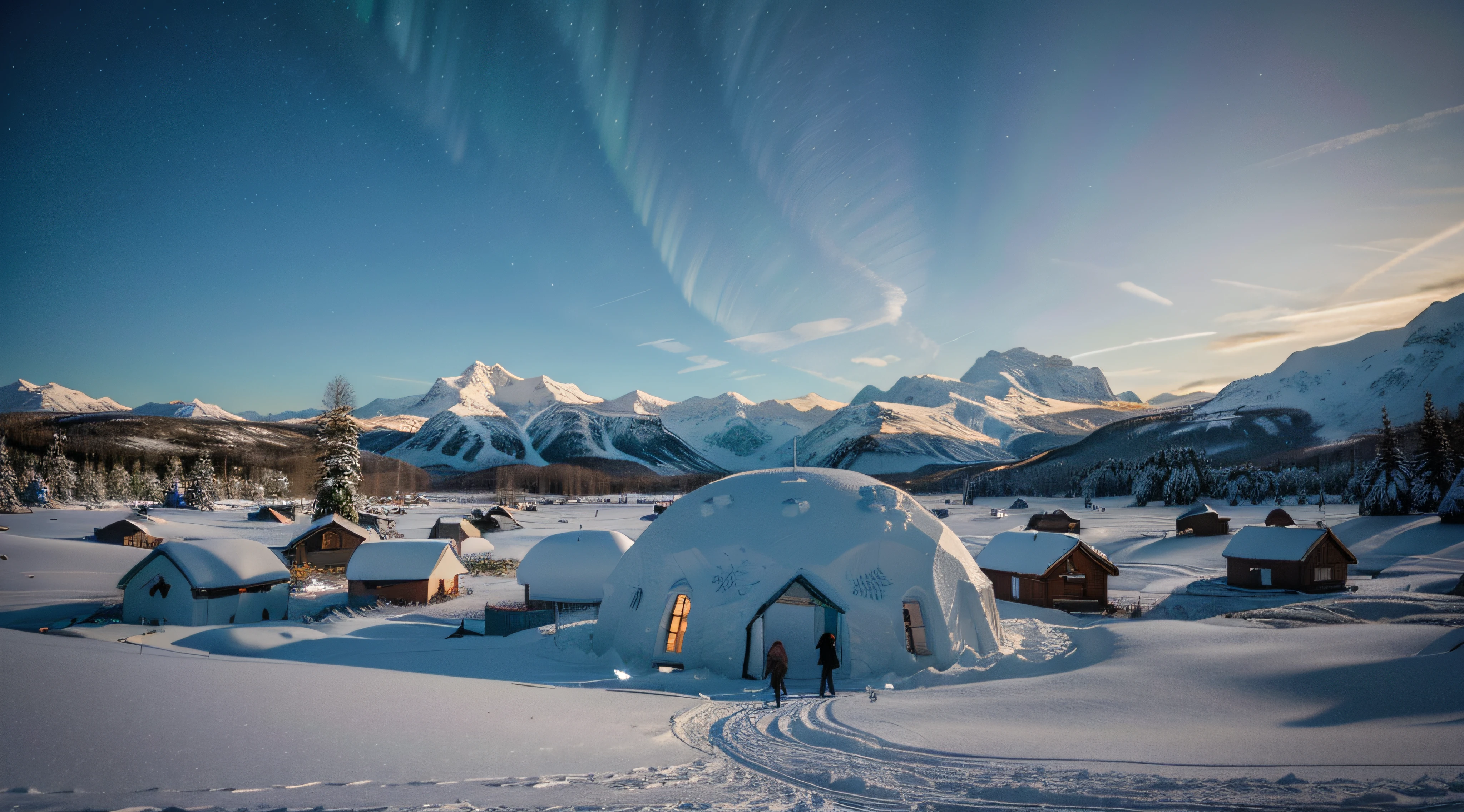 "Generate a breathtaking and expansive snowy landscape that stretches as far as the eye can see, blanketed in a pristine layer of snow that glistens under the soft glow of the Northern Lights. Imagine a panoramic view of a winter wonderland, with rolling hills and towering snow-capped peaks that create a sense of awe-inspiring scale and majesty. The landscape is a serene and untouched paradise of white, conveying a feeling of tranquility and grandeur.

In the foreground, visualize a cluster of traditional igloos nestled harmoniously into the snowy terrain, each one intricately detailed with delicate ice and snow patterns that reflect the natural beauty of their surroundings. In the glow of the Northern Lights, the igloos emit a warm and inviting light, casting soft shadows on the snow around them.

Within this vast expanse, envision a group of people, their figures small against the vastness of the landscape, gathered around a crackling fire. Dressed in cozy fur coats, they share stories and laughter, their camaraderie a testament to the resilience and warmth of human connection in the midst of the winter wilderness.

The snow-covered terrain should convey a sense of stillness and tranquility, with each snowdrift and ice formation meticulously rendered to capture the intricacies of nature's design. The Northern Lights should dance across the night sky, painting it with a celestial display of green, blue, and purple hues that infuse the entire scene with an enchanting and otherworldly radiance.

Please ensure that the final artwork captures the vastness and serenity of this snowy landscape, inviting viewers to immerse themselves in the breathtaking beauty of nature's winter embrace, while ensuring that every detail is meticulously crafted to convey a sense of wonder and awe."