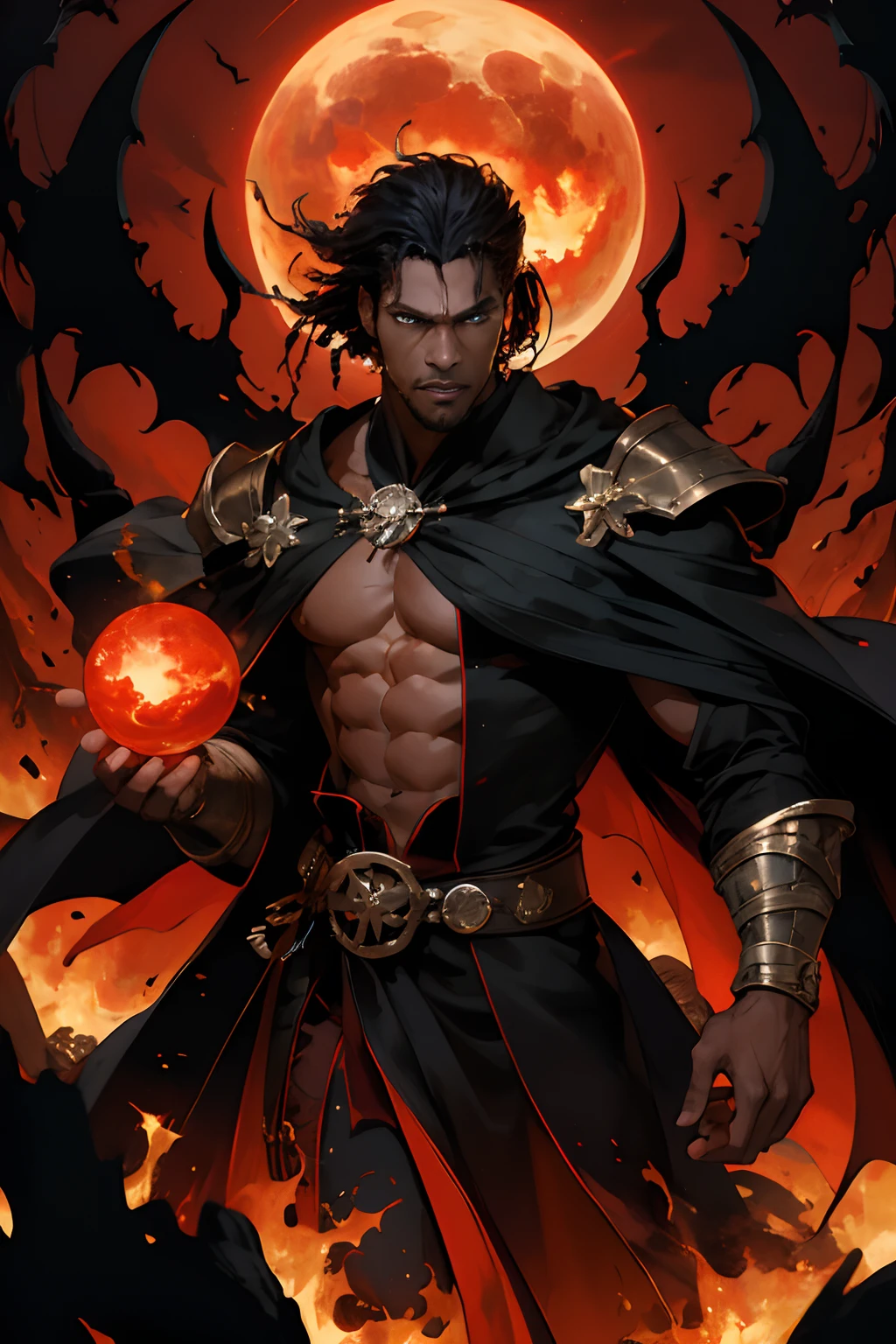 (absurdres, highres, ultra detailed), 1 male, mature, aged up, handsome, tall muscular guy, broad shoulders, very short hair, (((African American: 1.8))), (Long dreads), ((aquamarine eyes: 1.9)), finely detailed eyes and detailed face, extremely detailed CG unity 8k wallpaper, intricate details, (((Black Man))), (style-swirlmagic:0.8),   portrait,  looking at viewer, solo, (full body:0.6), dynamic pose, ((kinky hair)) detailed background, madness in eyes, hovering in the air, necromancer, evil to the core,  red clouds, casting a spell, fireball, hooded dark robe, dark circlet, underworld,  warhammer theme, bringer of the false light,    dark clouds, floating pieces of dirt,   decadence, evil energy emanating,  dark aura, broken shackles,    , cowboy shot