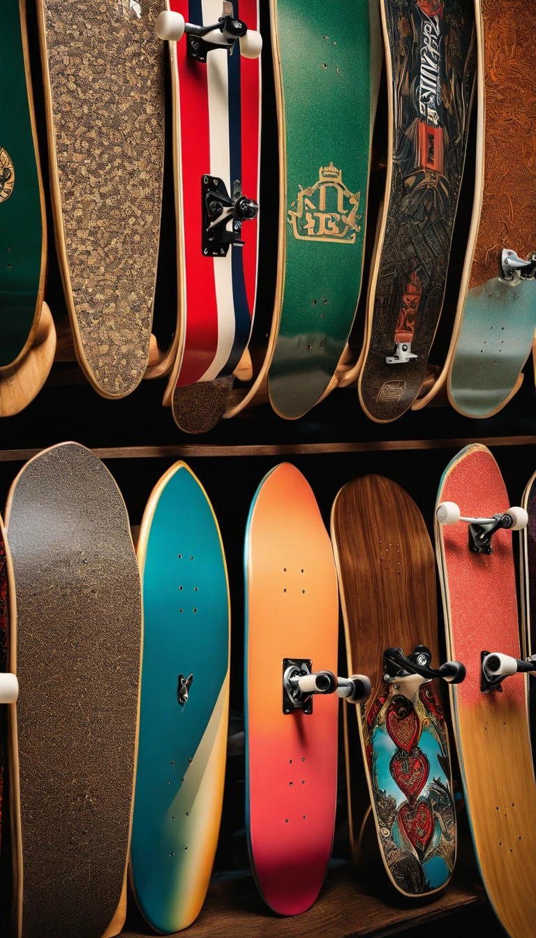 A color photo of a vast collection of skateboards, each one showcasing a unique design and setup. The camera settings utilize a macro lens, allowing for close-up shots that capture the fine details of each deck. —c 10 —ar 2:3