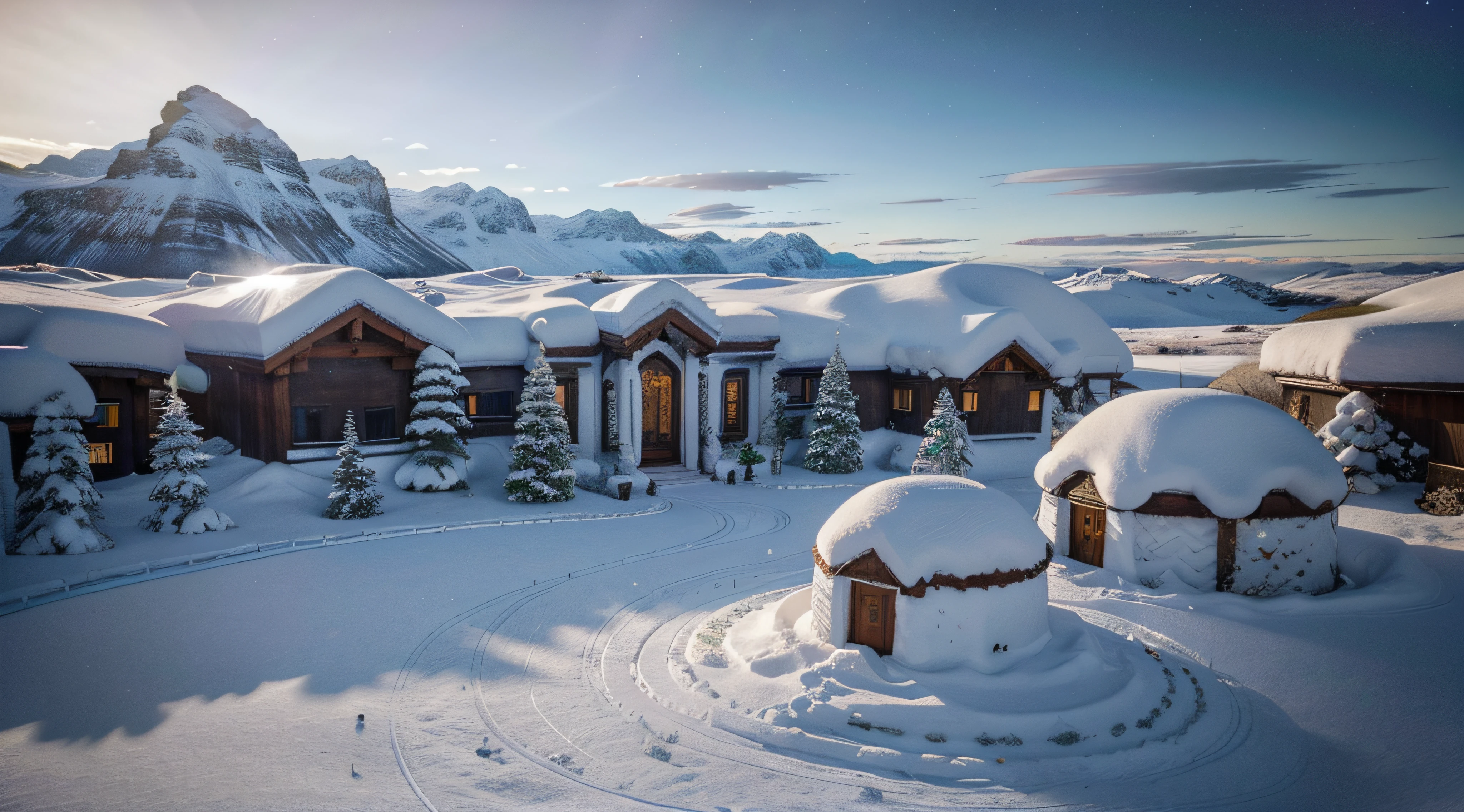 "Generate a breathtaking and expansive snowy landscape that stretches as far as the eye can see, blanketed in a pristine layer of snow that glistens under the soft glow of the Northern Lights. Imagine a panoramic view of a winter wonderland, with rolling hills and towering snow-capped peaks that create a sense of awe-inspiring scale and majesty. The landscape is a serene and untouched paradise of white, conveying a feeling of tranquility and grandeur.

In the foreground, visualize a cluster of traditional igloos nestled harmoniously into the snowy terrain, each one intricately detailed with delicate ice and snow patterns that reflect the natural beauty of their surroundings. In the glow of the Northern Lights, the igloos emit a warm and inviting light, casting soft shadows on the snow around them.

Within this vast expanse, envision a group of people, their figures small against the vastness of the landscape, gathered around a crackling fire. Dressed in cozy fur coats, they share stories and laughter, their camaraderie a testament to the resilience and warmth of human connection in the midst of the winter wilderness.

The snow-covered terrain should convey a sense of stillness and tranquility, with each snowdrift and ice formation meticulously rendered to capture the intricacies of nature's design. The Northern Lights should dance across the night sky, painting it with a celestial display of green, blue, and purple hues that infuse the entire scene with an enchanting and otherworldly radiance.

Please ensure that the final artwork captures the vastness and serenity of this snowy landscape, inviting viewers to immerse themselves in the breathtaking beauty of nature's winter embrace, while ensuring that every detail is meticulously crafted to convey a sense of wonder and awe."