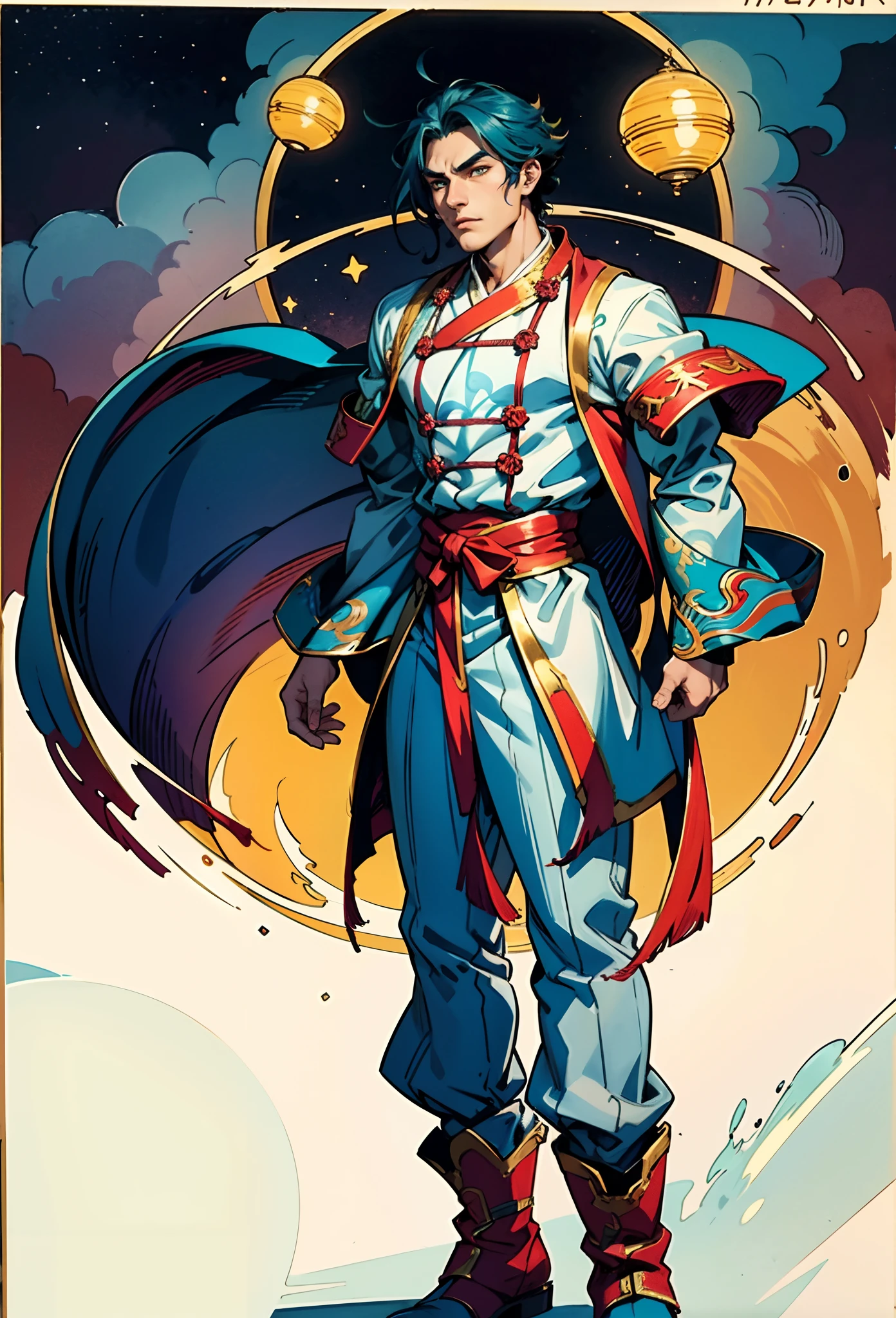 A young man with short aquamarine hair, sharp eyebrows, starry eyes, radiating a righteous aura, a two-piece fantasy wuxia-style outfit, featuring a traditional Chinese martial arts long gown, a wide overcoat, flowing sleeves, the color scheme is mainly red and white, with yellow as secondary colors, matching trousers, sturdy cloth boots, the background depicts a dreamy pattern of geometric symbols and stars, this character embodies a finely crafted fantasy-style Chinese martial hero in anime style, characterized by an exquisite and mature manga illustration art style, full body character drawing, high definition, best quality, highres, ultra-detailed, ultra-fine painting, extremely delicate, professional, anatomically correct, symmetrical face, extremely detailed eyes and face, high quality eyes, creativity, RAW photo, UHD, 8k, Natural light, cinematic lighting, masterpiece:1.5