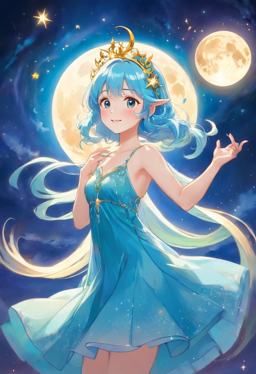 theme：Moon Fairy、 Drawing illustrations of Kagaya Jocho。 The theme is the moon fairy、Mixed race of Russians and Japan、The figure of a 35-year-old girl、Drawing with the characteristic touch of Minoru Kagaya。 Hair and costumes、Detailed。 The background is、Beautiful cosmic starry sky、The Northern Lights are in the night sky、In the aurora borealis a moon fairy sits in a large crescent and floats。Hair is、short-cut、One-length light blue hair、The tips of her hair glow golden reflecting the light of the Northern Lights、The costumes are、Draw a long dress that is translucent and can see through the other side around the body.、Underneath that dress is、Wearing a blue dress。 Illustration by Minoru Kagaya is、It has the following features。 Drawn with fine lines、Delicate touch。 Beautiful expression of light and shadow。 The use of colors is vivid、Impression。 Keeping these characteristics in mind、When you draw an illustration、You can get closer to the illustration of Minoru Kagaya。 super detailed image、Neat beautiful face、Hina Hayata、A shiny golden tiara hair ornament on the head、In the hands、Spear of Poseidon、Scatter particles of light in the background。Draw more close-ups of your face。Big eyes、Smile