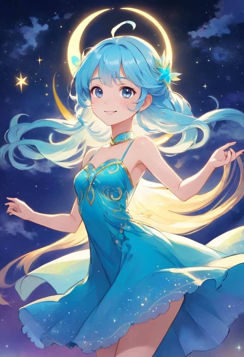 theme:Moon Fairy、 Drawing illustrations of Kagaya Jocho。 The theme is the moon fairy、Mixed race of Russians and Japan、The figure of a 35-year-old girl、Drawing with the characteristic touch of Minoru Kagaya。 Hair and costumes、Detailed。 The background is、Beautiful cosmic starry sky、The Northern Lights are in the night sky、In the aurora borealis a moon fairy sits in a large crescent and floats。Hair is、short-cut、One-length light blue hair、The tips of her hair glow golden reflecting the light of the Northern Lights、The costumes are、Draw a long dress that is translucent and can see through the other side around the body.、Underneath that dress is、Wearing a blue dress。 Illustration by Minoru Kagaya is、It has the following features。 Drawn with fine lines、Delicate touch。 Beautiful expression of light and shadow。 The use of colors is vivid、Impression。 Keeping these characteristics in mind、When you draw an illustration、You can get closer to the illustration of Minoru Kagaya。 super detailed image、Neat beautiful face、Hina Hayata、A shiny golden tiara hair ornament on the head、In the hands、Spear of Poseidon、Scatter particles of light in the background。Draw more close-ups of your face。Big eyes、Smile