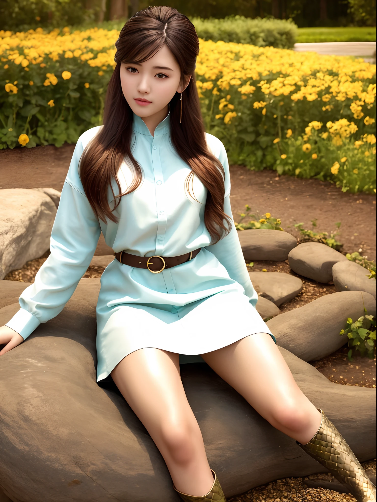 half of the girl's body from head to navel and half of the body from the hips down in the form of a snake, girl's eyes, girl's nose, girl's lips, snake's body, garden background, realistic style, vibrant colors, soft lighting, high resolution, detailed textures, girl's long hair, snake's scales, girl's dress, beautiful flowers, serene atmosphere, girl's delicate features, realistic big breasts, (no human legs:1.3)
