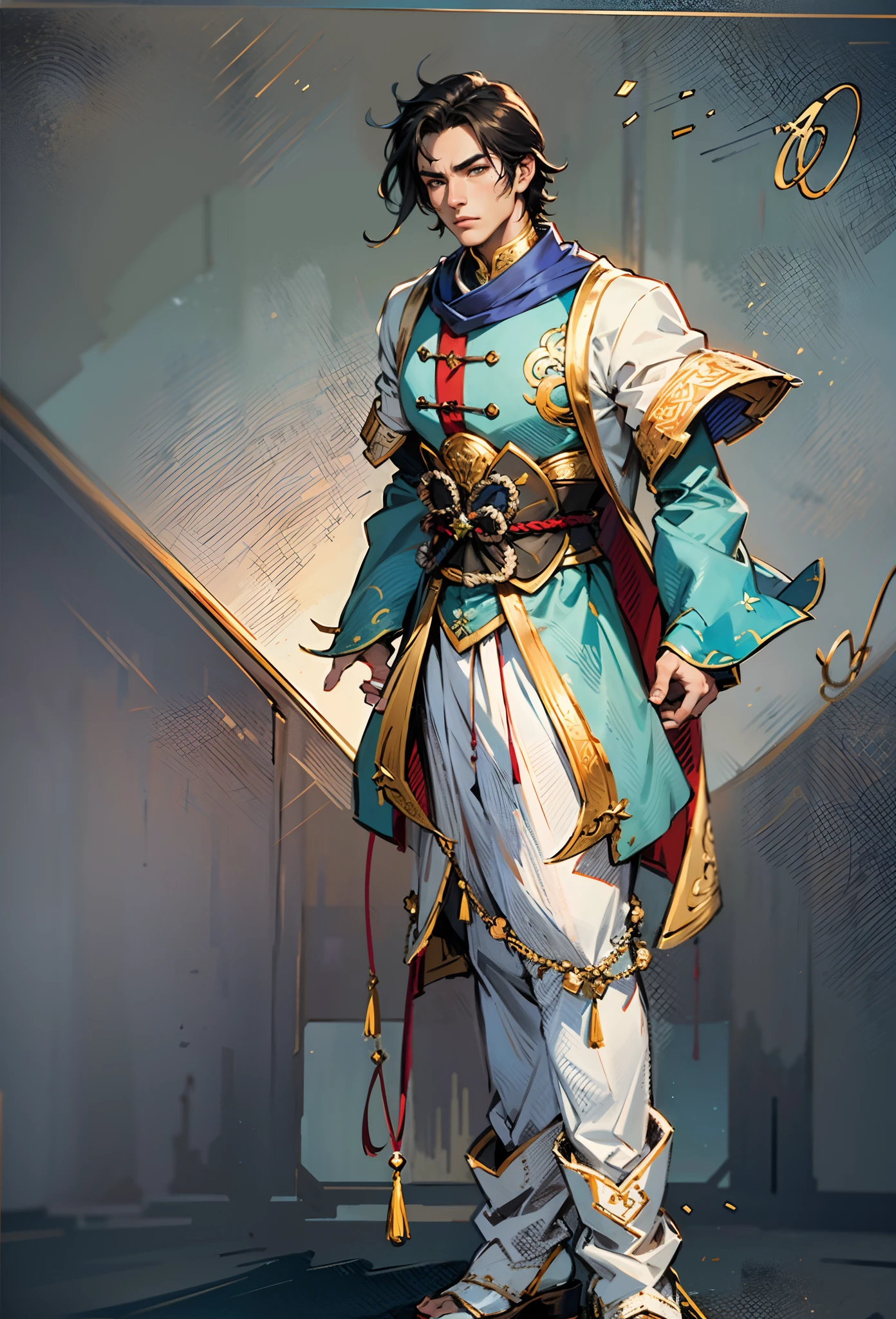 A young man with short aquamarine hair, sharp eyebrows, starry eyes, radiating a righteous aura, a two-piece fantasy wuxia-style outfit, featuring a traditional Chinese martial arts long gown, a wide overcoat, flowing sleeves, the color scheme is mainly red and white, with yellow as secondary colors, matching trousers, sturdy cloth boots, the background depicts a dreamy pattern of geometric symbols and stars, this character embodies a finely crafted fantasy-style Chinese martial hero in anime style, characterized by an exquisite and mature manga illustration art style, full body character drawing, high definition, best quality, highres, ultra-detailed, ultra-fine painting, extremely delicate, professional, anatomically correct, symmetrical face, extremely detailed eyes and face, high quality eyes, creativity, RAW photo, UHD, 8k, Natural light, cinematic lighting, masterpiece:1.5