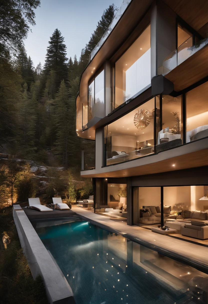 Une maison avec un sens de la technologie futuriste,3-storey building,Contre les montagnes,Face au lac,Immense piscine,Style architectural moderne, Photo hyperdétaillée,buliding,Complexe,Ombrage, HighDynamicRange,dinamic lighting, Fotorrealista, natural soft light, H faible, tmasterpiece, 8k detailed,There's a lot of detail,Oversized floor-to-ceiling glass,A combination of technology and natural environment,A un look super cool,