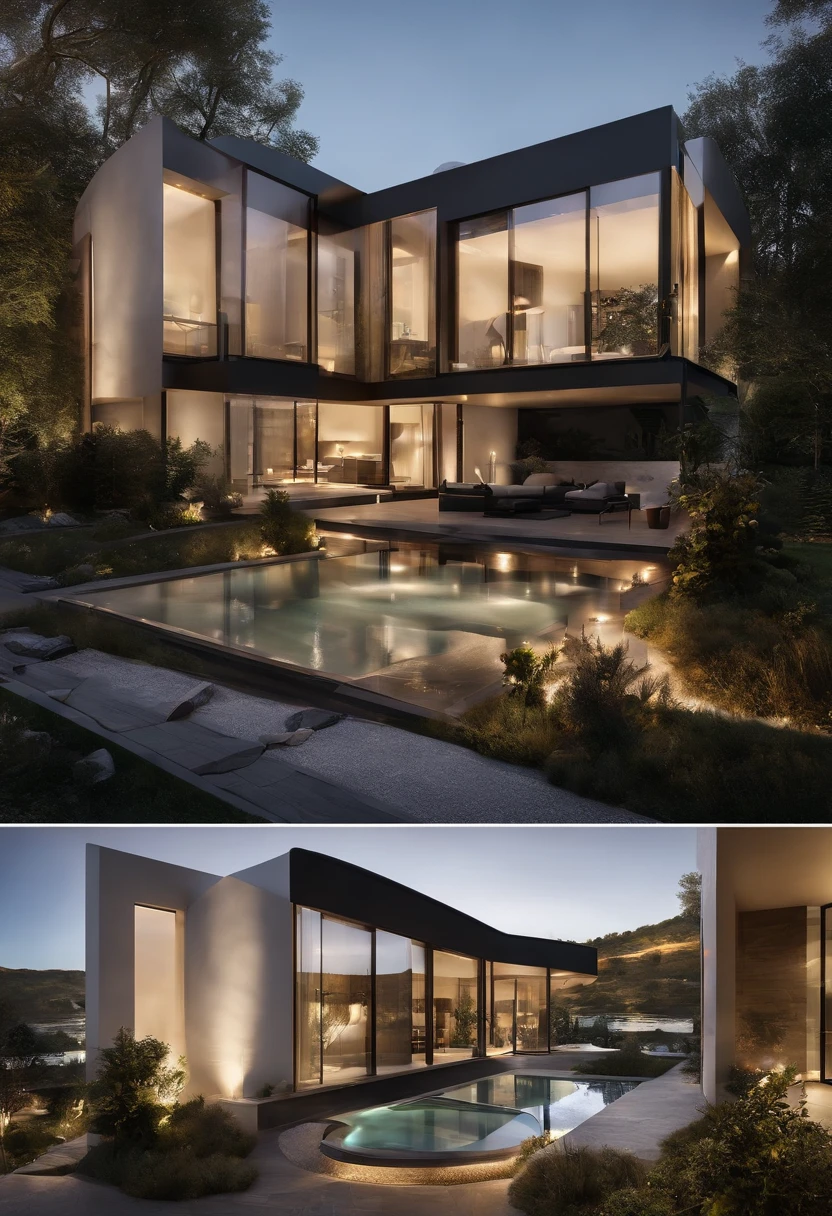 Une maison avec un sens de la technologie futuriste,3-storey building,Contre les montagnes,Face au lac,Immense piscine,Style architectural moderne, Photo hyperdétaillée,buliding,Complexe,Ombrage, HighDynamicRange,dinamic lighting, Fotorrealista, natural soft light, H faible, tmasterpiece, 8k detailed,There's a lot of detail,Oversized floor-to-ceiling glass,A combination of technology and natural environment,A un look super cool,