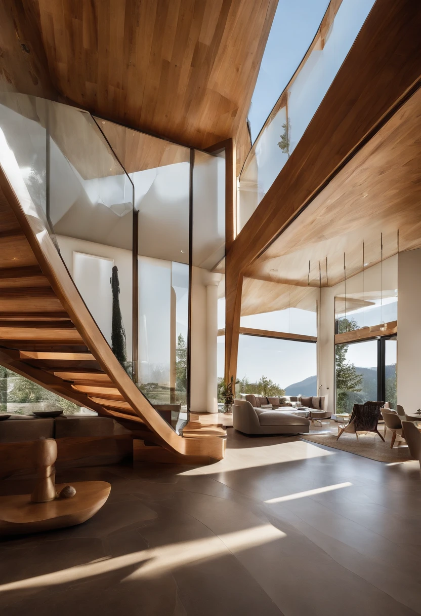 Une maison avec un sens de la technologie futuriste，3-storey building，Contre les montagnes，Face au lac，Immense piscine，Style architectural moderne， Photo hyperdétaillée，buliding，Complexe，Ombrage, HighDynamicRange，dinamic lighting, Fotorrealista, natural soft light, H faible, tmasterpiece, 8k detailed，There's a lot of detail，Oversized floor-to-ceiling glass，A combination of technology and natural environment，A un look super cool，