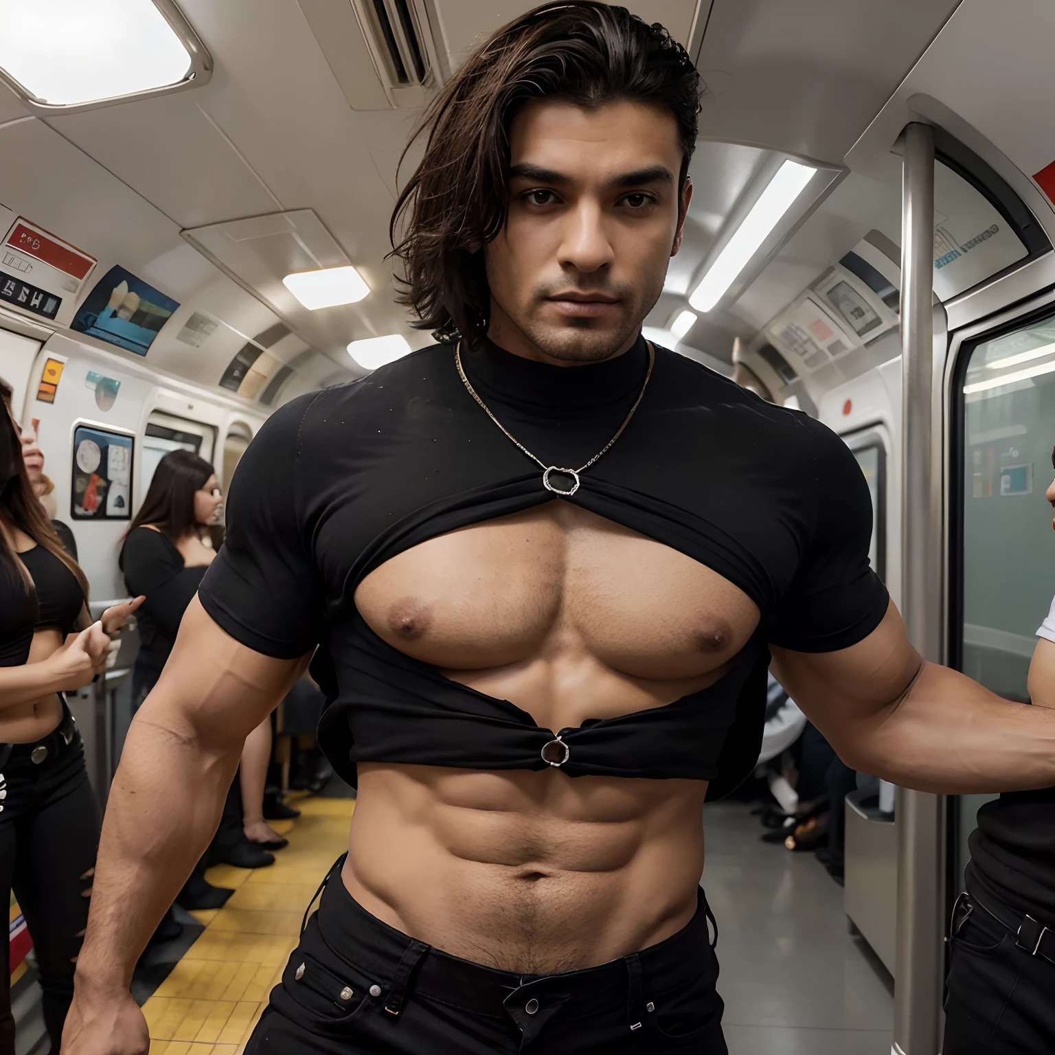 Imagine um homem lindo, com um metro e oitenta e quatro de altura, com cabelos longos e negros, e com uma pequena mecha grisalhas no meio, com olhos oriental, with large muscles, boca carnuda, foto de corpo inteiro, with ground-length wings and black plumage, with tight and black distressed pants, camisa social branca, destacando o peitoral musculoso, Leave the shirt open to the navel.