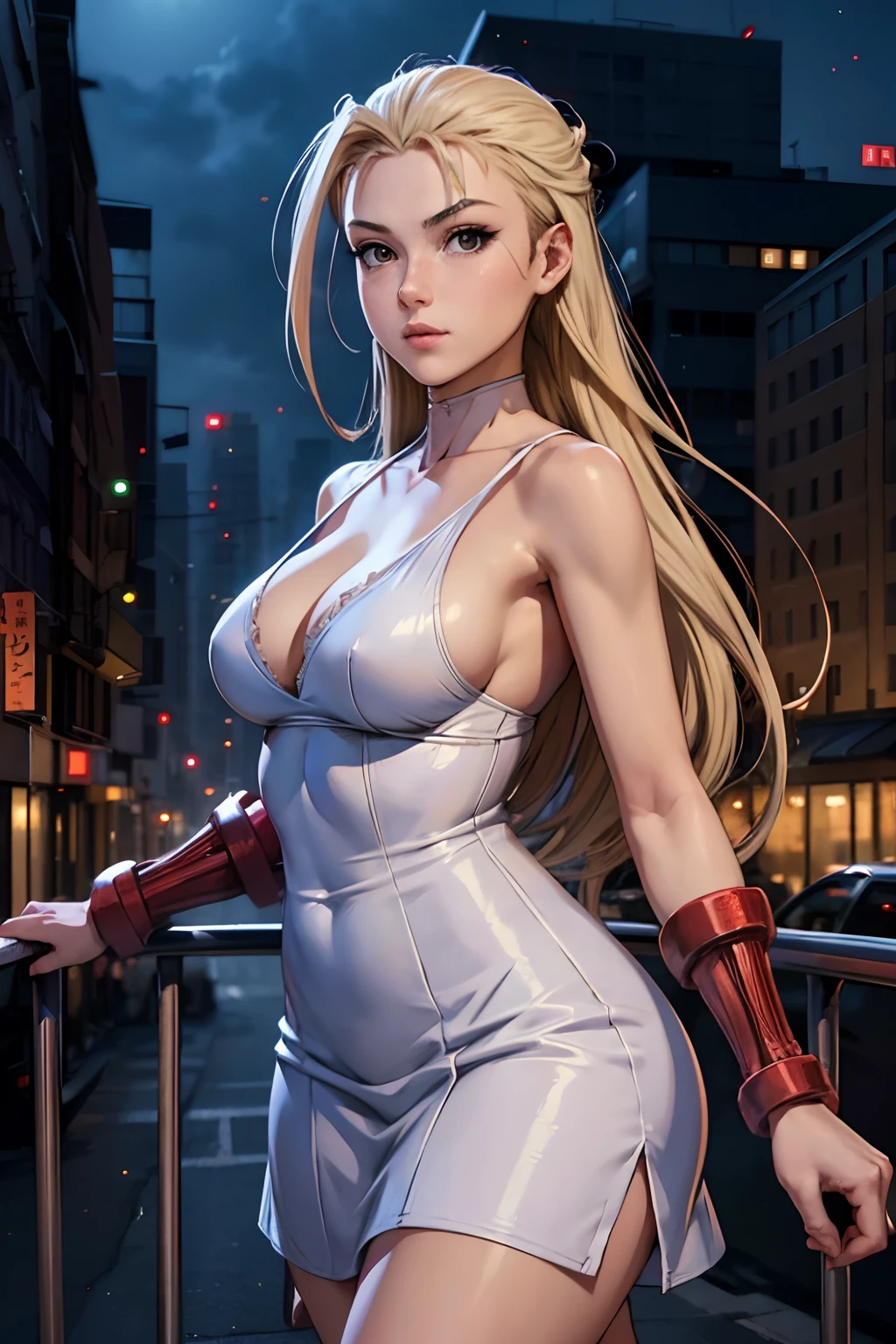 Karin Kanzuki from street fighter alpha 3 in white dress, city, night, anime style, 8k, intricated details, masterpiece