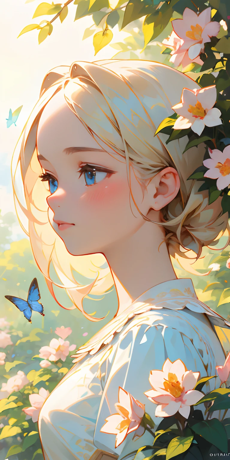 (best quality, masterpiece, ultra-realistic), portrait of 1 beautiful and delicate girl, with a soft and peaceful expression, the background scenery is a garden with flowering bushes and butterflies flying around.