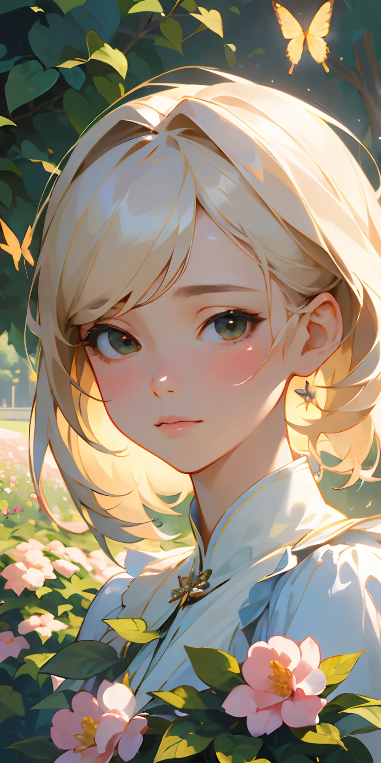 (best quality, masterpiece, ultra-realistic), portrait of 1 beautiful and delicate girl, with a soft and peaceful expression, the background scenery is a garden with flowering bushes and butterflies flying around.