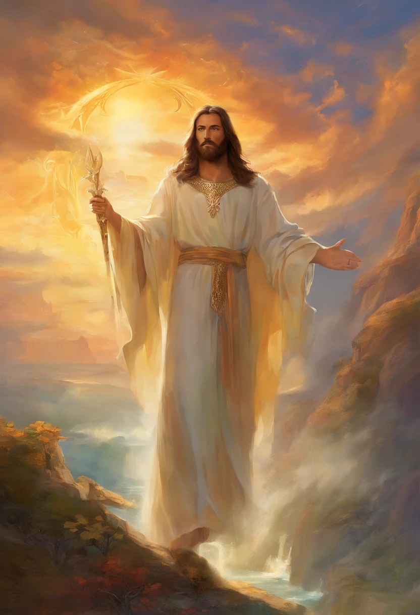 Uma pintura de Jesus Cristo, com um belo rosto com barba,((1 homem)), ((o Filho de Deus)), various positions, ((corpo inteiro)), Frank Kelly Freas, Estilo Karol Bak, best quality,32k ultra qualidade, qualidade do papel de desfile, imagem do filme, Classic 8K