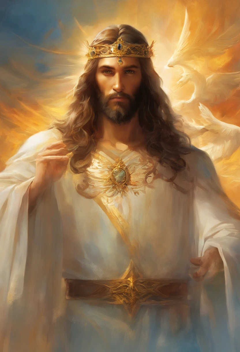 Uma pintura de Jesus Cristo, com um belo rosto com barba,((1 homem)), ((o Filho de Deus)), várias posições, ((corpo inteiro)), Frank Kelly Freas, Estilo Karol Bak, melhor qualidade,32k ultra qualidade, qualidade do papel de desfile, imagem do filme, Clássico 8K