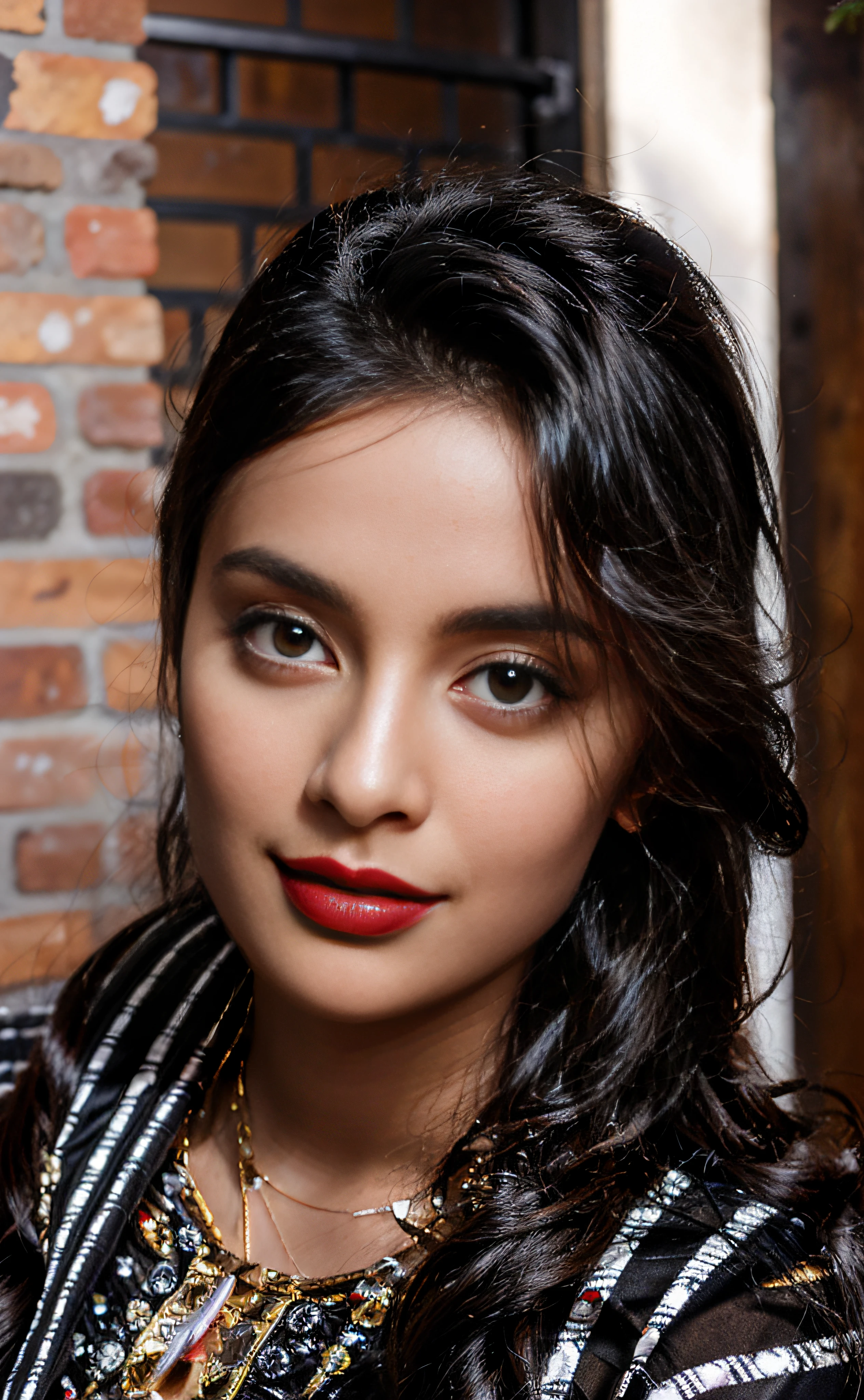 there is a woman with long black hair and a red lipstick, indian girl with brown skin, sexy girl with dark complexion, inspired by Bikash Bhattacharjee, beuatiful face, with accurate face, with professional makeup, with very thin lips, with black glossy lips, inspired by Sudip Roy, with lovely look, very pretty face, very beautiful face