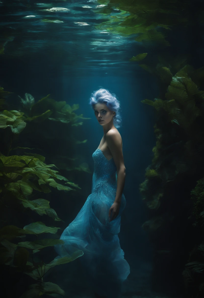8 k young woman, with blue skin , dives into a pool inside an aquarium that is located in a forest, her body is blue, her eyes are lilac and her hair is straight and not abundant, curly in silver color she is in a deep dive in an atmosphere of light between the trees and the fish in the aquarium