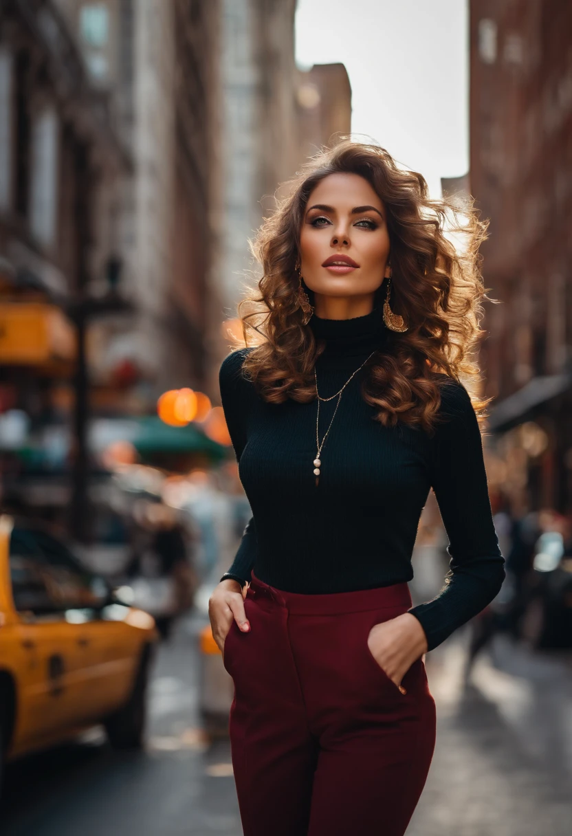 (Masterpiece, Best quality), beautiful woman, Detailed top with sleeveless turtleneck, trousers, necklace, wavy hair, perfect face, beautiful face, Attractive, Big, magnificent eyes, open mouth, content, Perfect slim fit body, (outdoor), City streets, New York, vibrant colors.