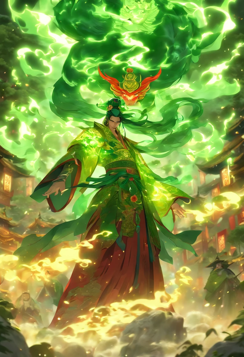 (((Jade Emperor))) best quality, very high resolution, 4K detailed CG, masterpiece, green armor, storm, Shui mo Hua, Chinese tribes, Chinese city, forest, aesthetics, beautiful image, centered on screen, Whole body